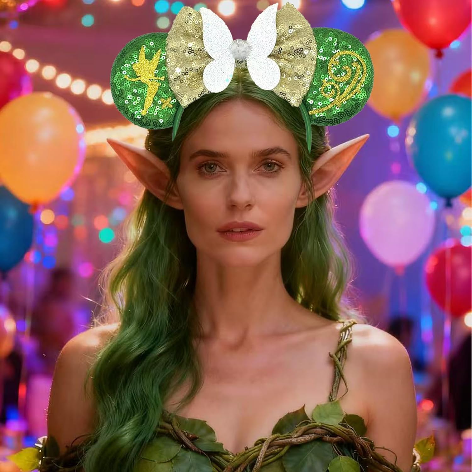 Diadema con orejas de ratón - Banda para el pelo con purpurina para fiestas en parques temáticos, blanco, verde, 1 recuento (paquete de 1)