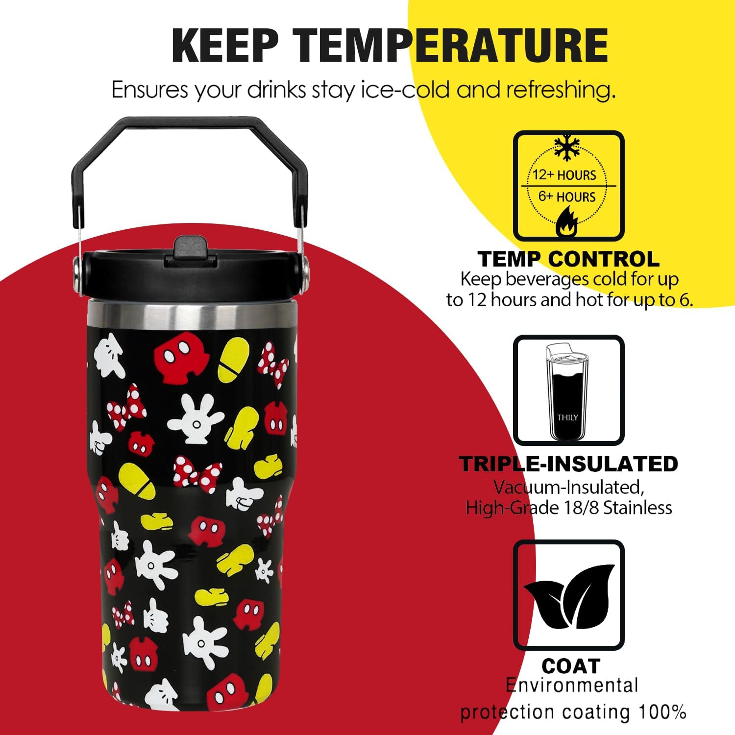 Taza de dibujos animados de ratón de 20 oz con tapa y popote abatible de acero inoxidable aislado con asa superior en la parte superior, color negro, taza de café para viajes - Regalo de