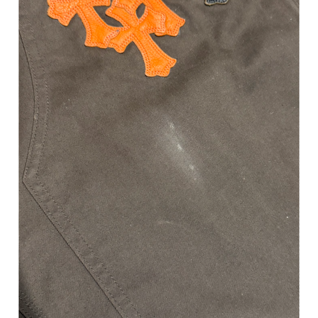 CHROME HEARTS 'BLACK/ORANGE CROSS PATCHES' BROWN DOUBLE KNEE CARPENTER PANTS
