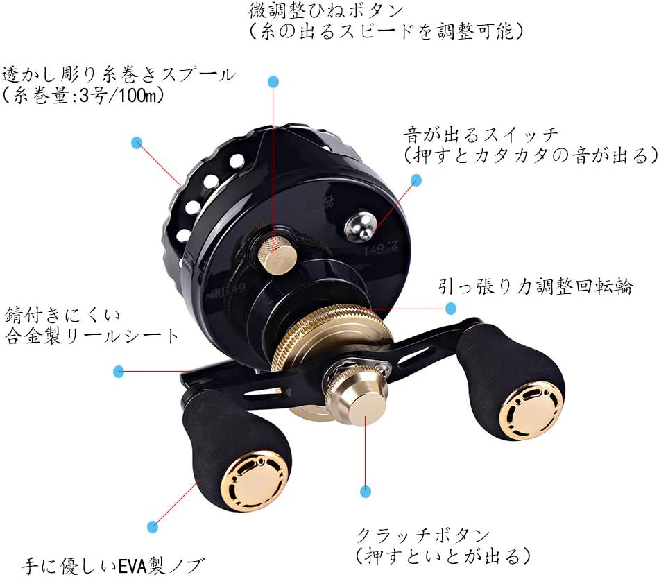 Lizard Chinu Reel Fishing Raft Reel Drop Black Sea Bream, Right Handle, Ice Fishing, 6+1BB, Maximum Drag Force, 11.0 lbs (5 kg), Gear Ratio, 2.6:1 Clutch, Raft Fishing, Casserole Fishing Reel