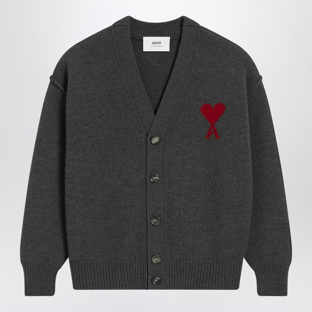 Ami Ami Paris Ami De Coeur Heather Grey Wool Cardigan - Image 4