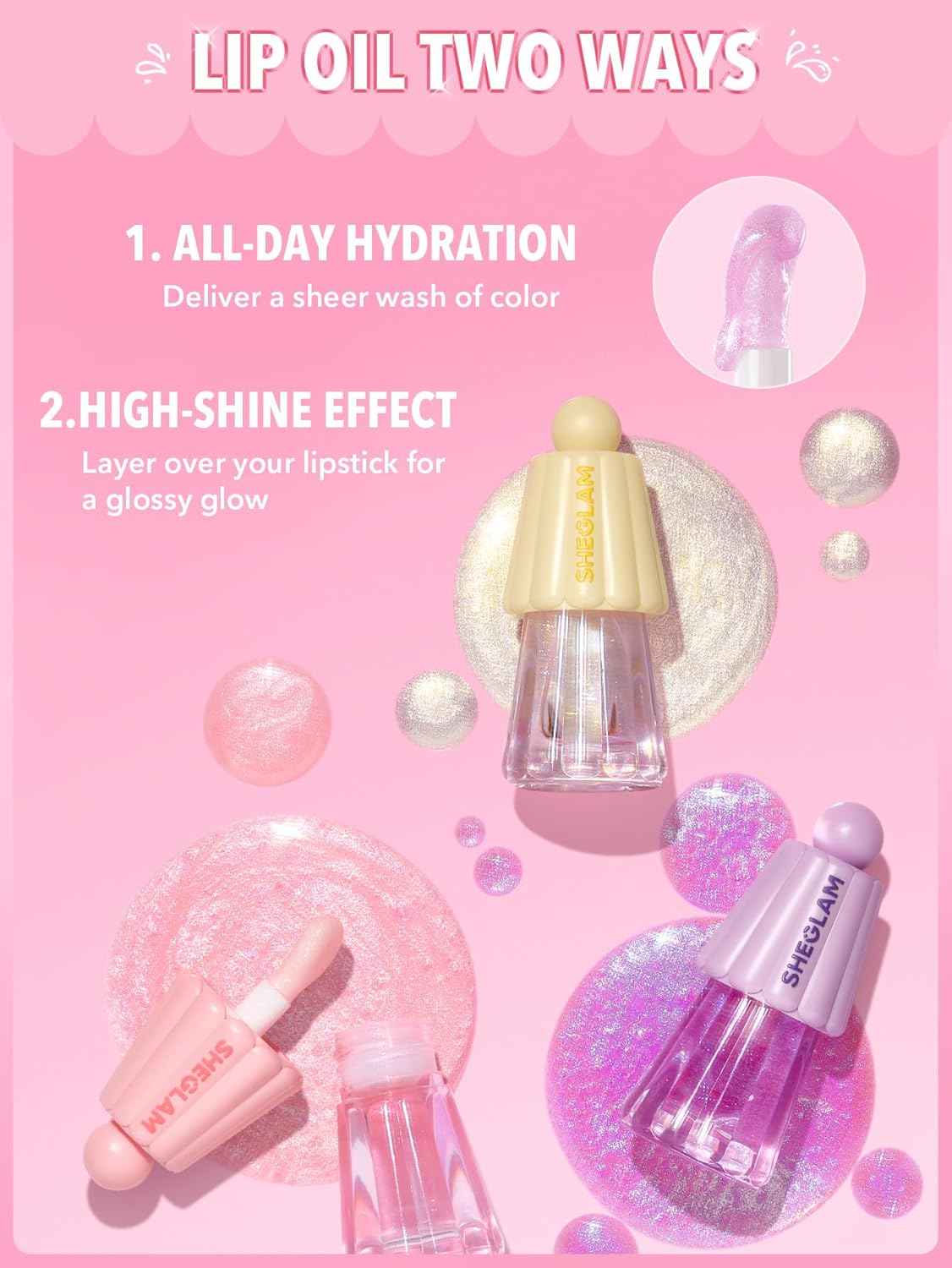 SHEGLAM Jelly Wow Hydrating Lip Oil, Ultra Glossy, Non-Sticky, Moisturizing, Lip Line Care - Princess Vibes