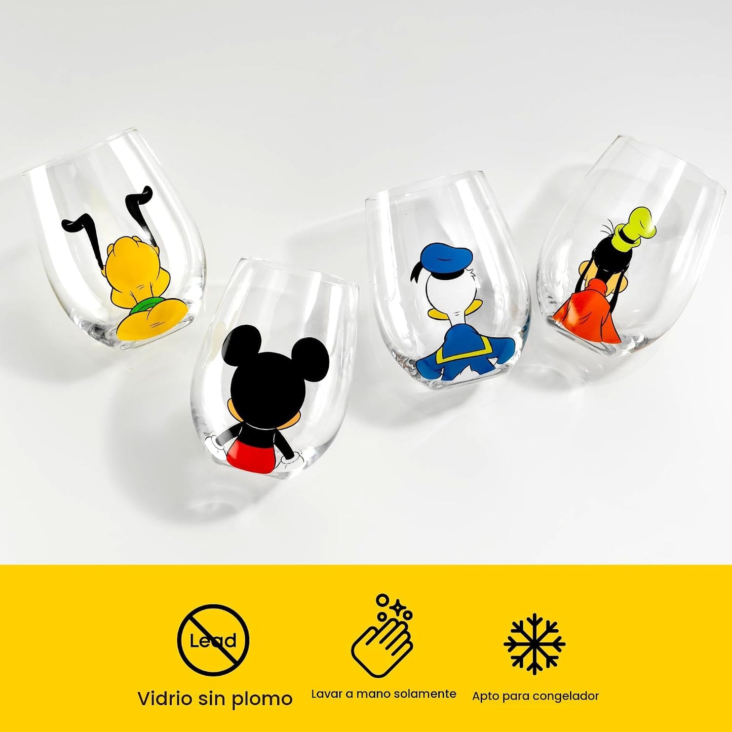 JoyJolt Disney Mickey Mouse Squad Collection Vasos Tumblers. Juego de 4 Copas de Vino sin Tallo de 15 onzas, Vasos sin Tallo para Beber. Artículos de regalo, Juego de Copas de Vino de Mickey Mouse