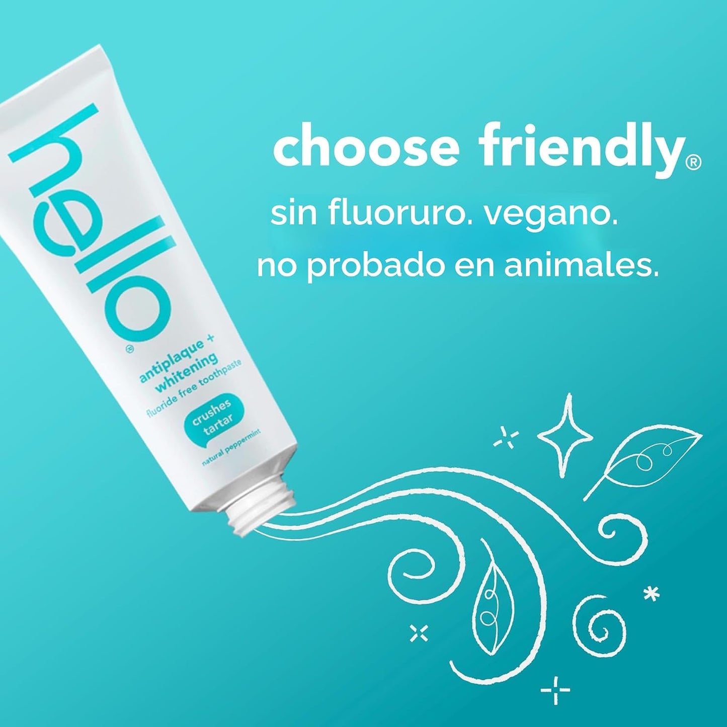 Hello Pasta de dientes antiplaca y blanqueadora sin flúor, tubo de 5 onzas, pasta de dientes blanqueadora con sabor natural a menta y aceite de árbol de té, aplasta el sarro y ayuda a eliminar las