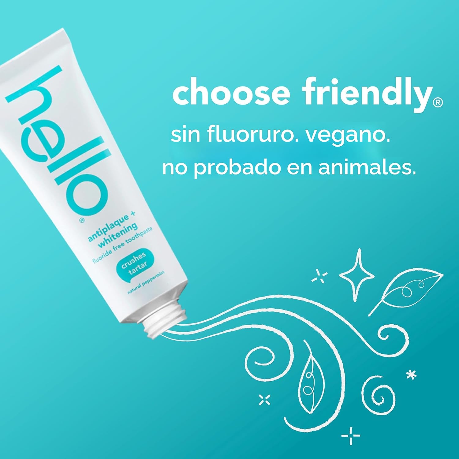 Hello Pasta de dientes antiplaca y blanqueadora sin flúor, tubo de 5 onzas, pasta de dientes blanqueadora con sabor natural a menta y aceite de árbol de té, aplasta el sarro y ayuda a eliminar las