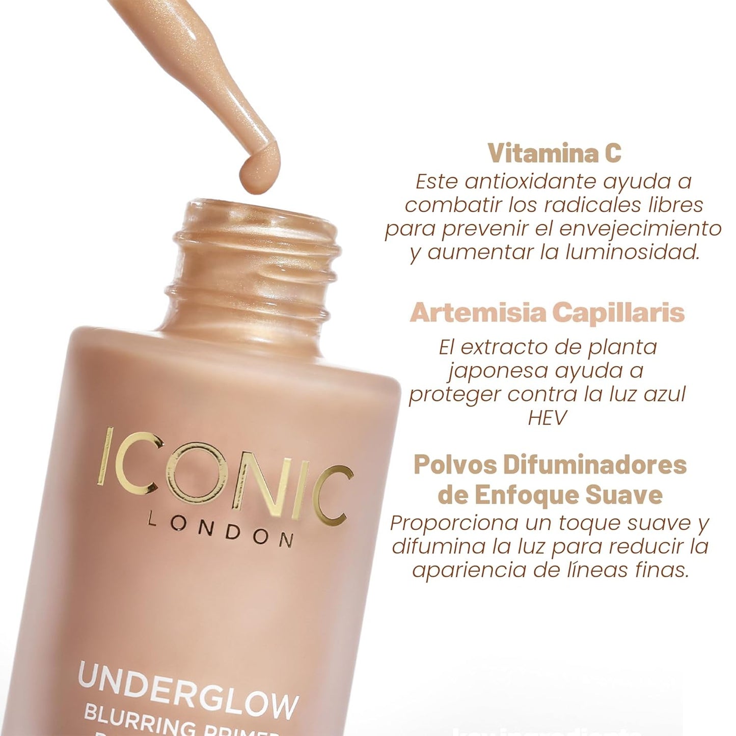 ICONIC LONDON Underglow Blurring Primer | Difumina imperfecciones y da a la piel un brillo radiante, maquillaje vegano y libre de crueldad, tono universal, 0.91 onzas líquidas