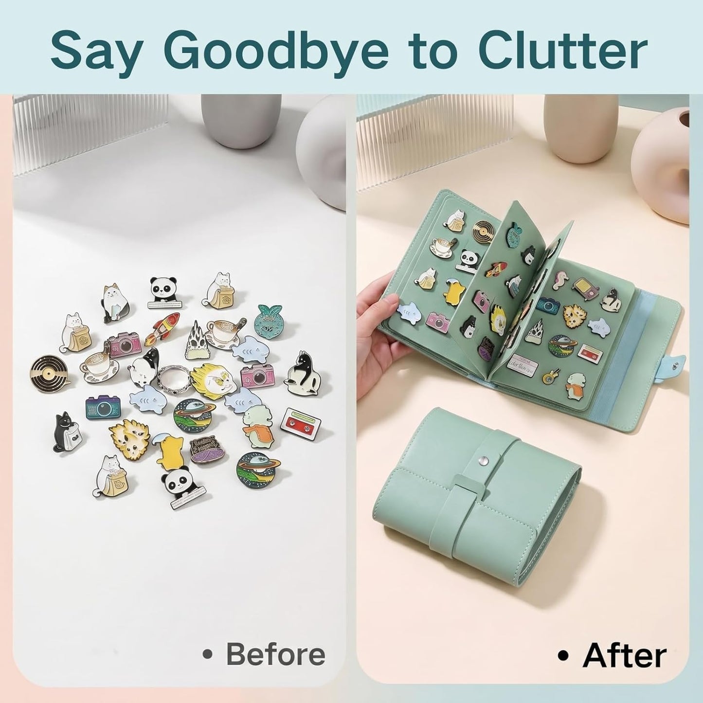 Enamel Pin Display Book Pins Collection Book, Portable PU Leather Trading Folder for Lapel Pins, Compact Enamel Pin Holder Organizer with 4 Pages for Travel (Sage Green)