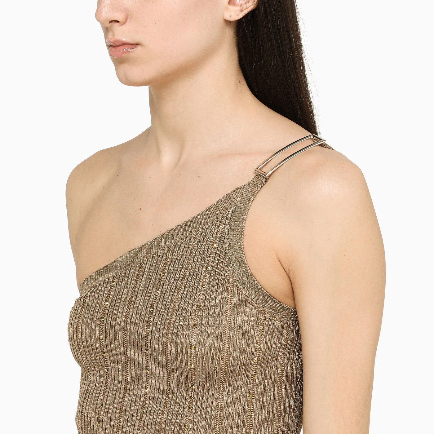 Alessandra Rich ラインストーン付きのアレッサンドラリッチゴールドワンショルダードレス - Image 4