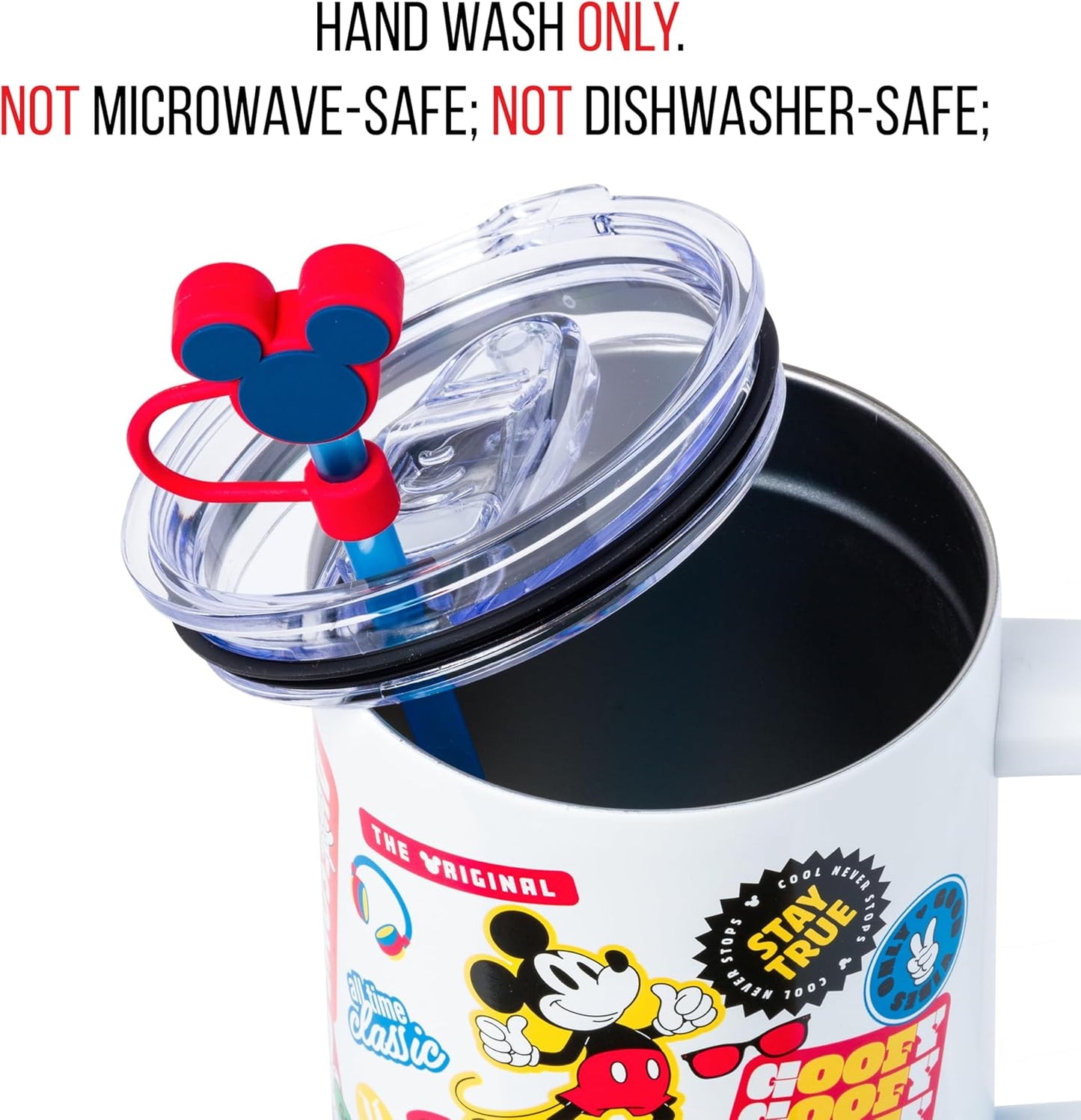 Silver Buffalo Disney Mickey and Friends Daisy, Donald Duck, Goofy, Pluto, Minnie Decals - Vaso de acero inoxidable de doble pared con asa, popote y tapa con pajilla, cabe en portavasos estándar, 40