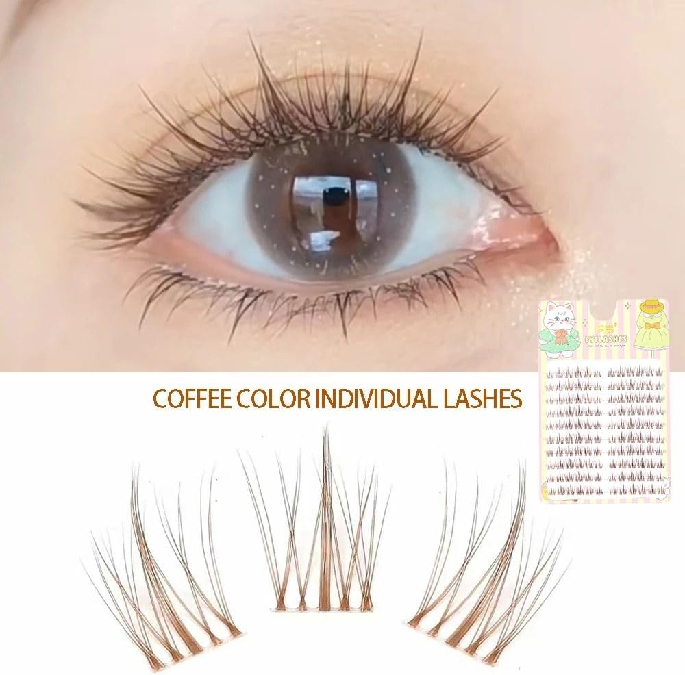 Coffee color individual false eyelashes cluster, long natural false eyelashes, soft transparent stem false eyelashes, invisible bands, handmade eye makeup tools