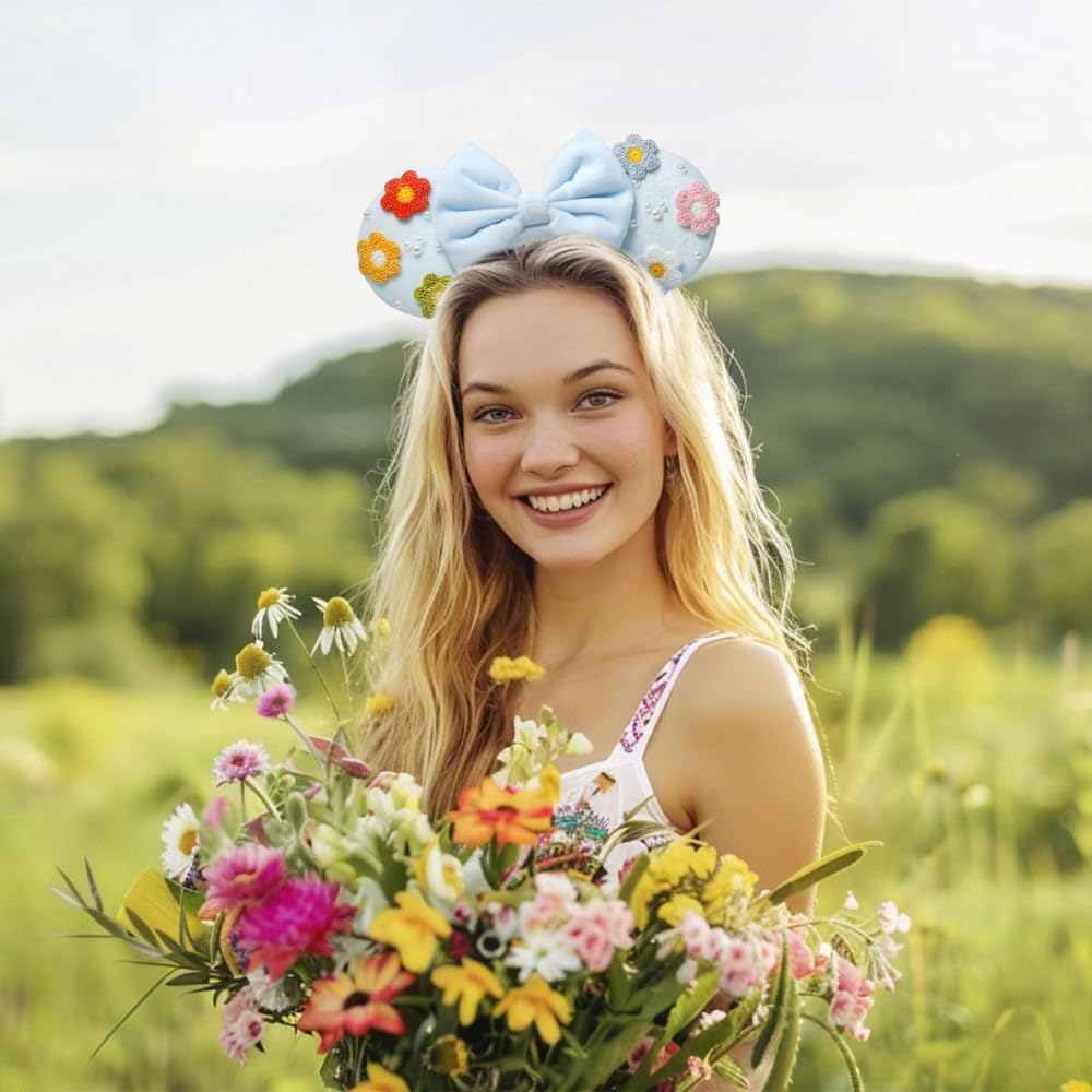 UNSPAZ Diadema de orejas de ratón, orejas de ratón para mujeres y niñas con perla, orejas de parque para viajes, decoraciones de cumpleaños, accesorios para el cabello (azul bebé)