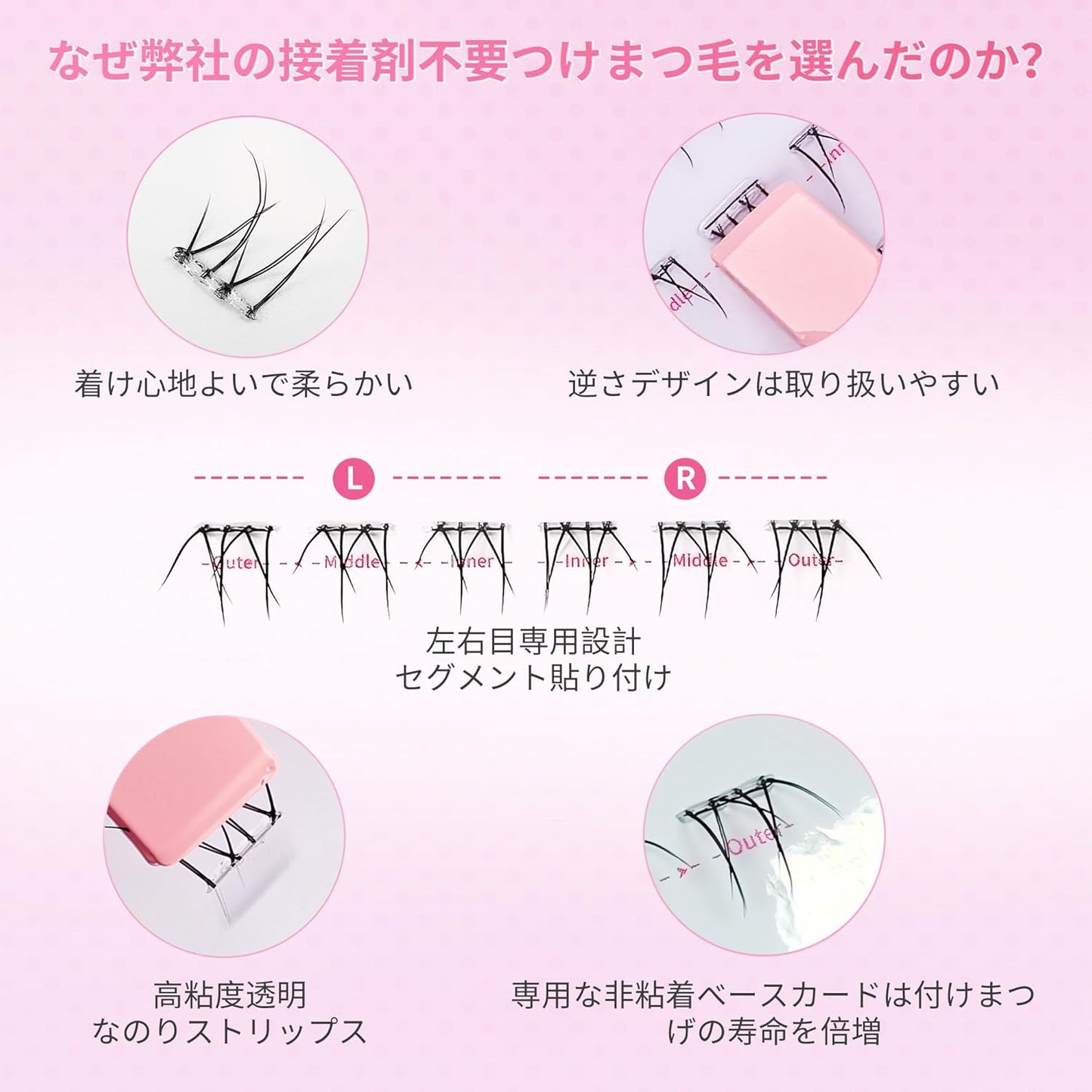 Beauty7 Glueless Partial False Eyelashes, 72 Bundles, Glue-free, Bottom False Eyelashes, Pink Set, Bundled False Eyelashes, Self-Adhesive False Eyelashes, Natural, Transparent Shank, Lower Eyelashes