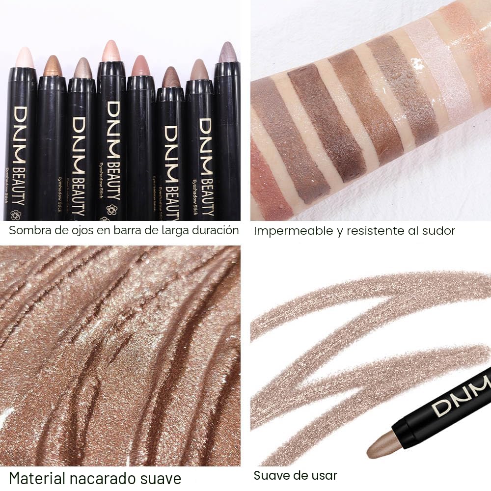 Juego de 8 piezas de barras iluminadoras de sombra de ojos en crema, champán perla gris topo bronce cacao piedra masilla amatista ahumada con brillo mate, lápiz delineador de ojos, barra aplicadora
