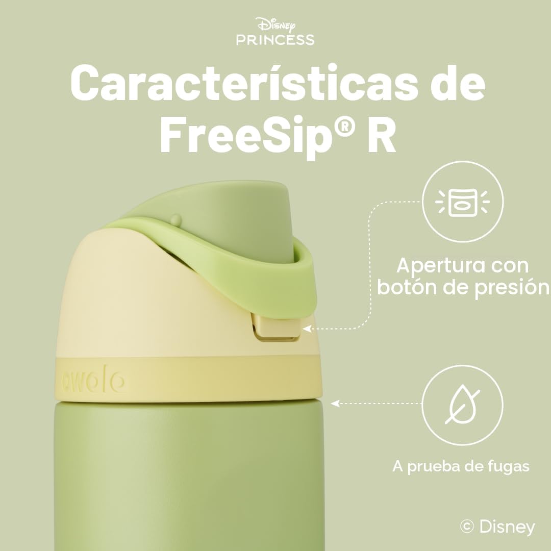 Owala Disney Princess FreeSip - Botella de agua aislada de acero inoxidable con popote para deportes y viajes, botella de agua deportiva sin BPA, 24 onzas, Tiana