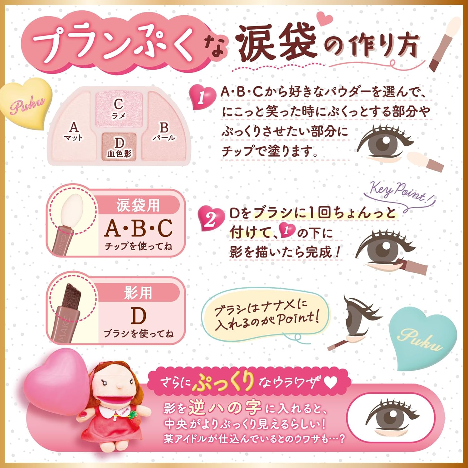 Canmake Planpuku Corde Eyes Neo N01 Shiratama Plan Puku Eye Shadow for Teardrop Bags, Shadow Liner, Super Pop, Pink Beige