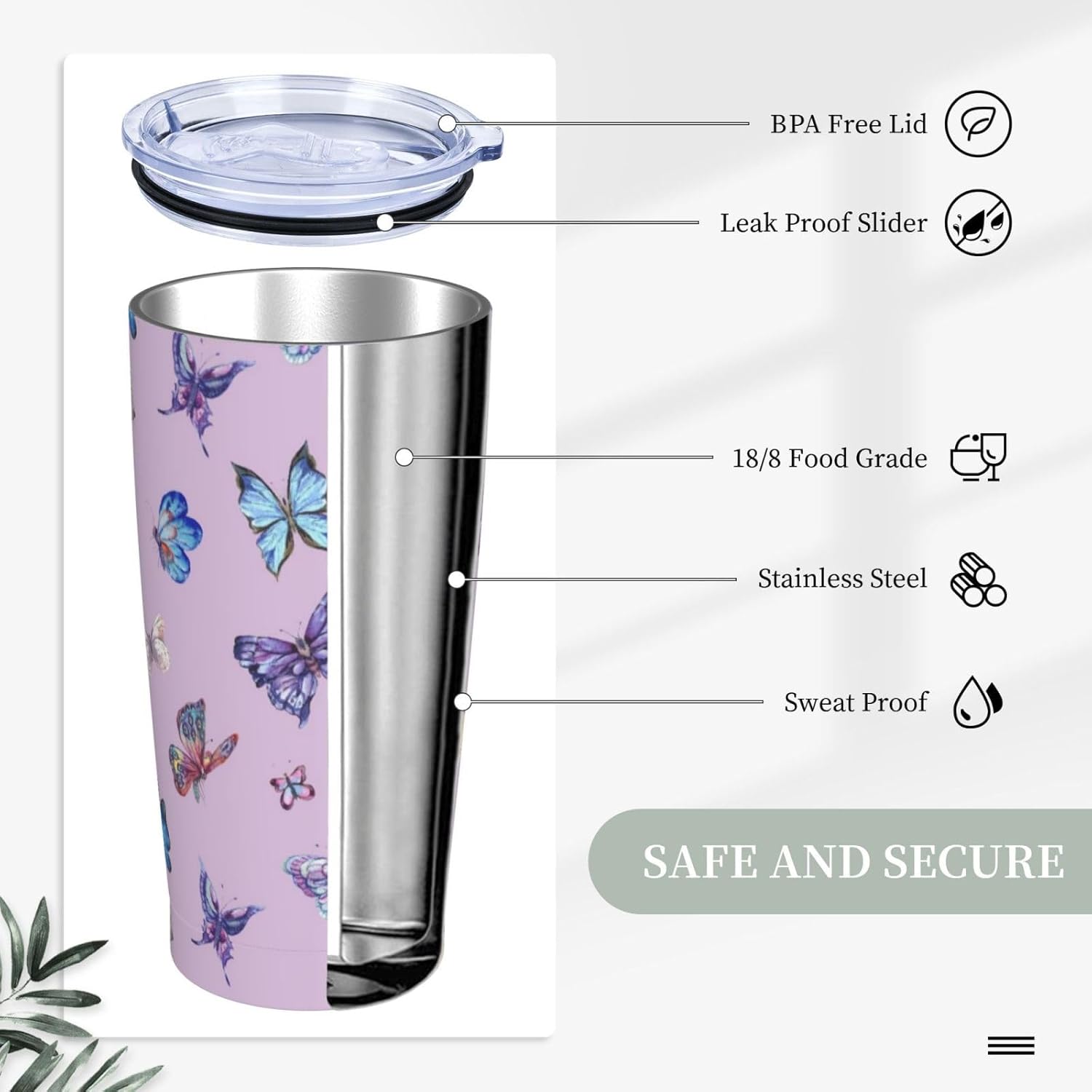 Vaso de mariposa púrpura con tapa y popote, taza de viaje aislada de acero inoxidable de 20 onzas, botella de agua caliente y fría, recuerdo de mariposa azul para hombres y mujeres