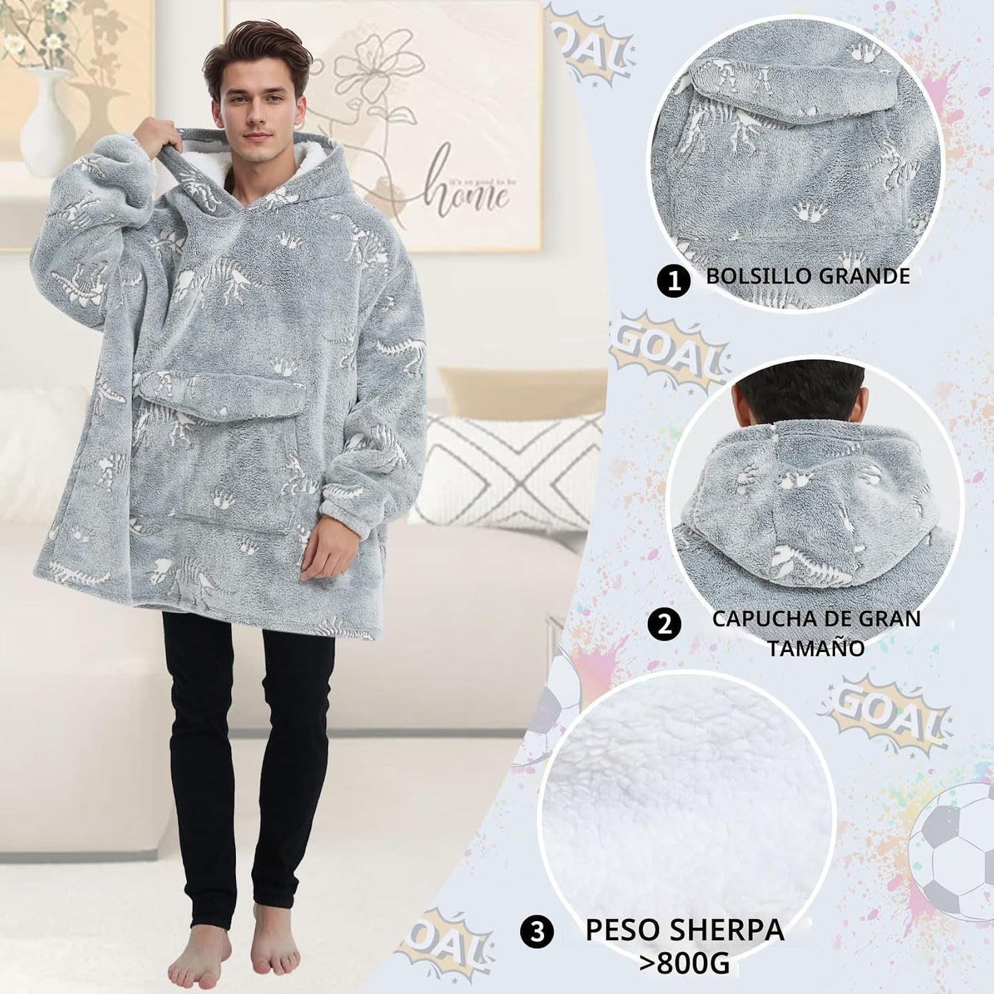 Mewkou - Manta con capucha de vestir para adultos, sudadera con capucha de forro polar sherpa de gran tamaño para mujeres y hombres, dinosaurio fósil que brilla en la oscuridad