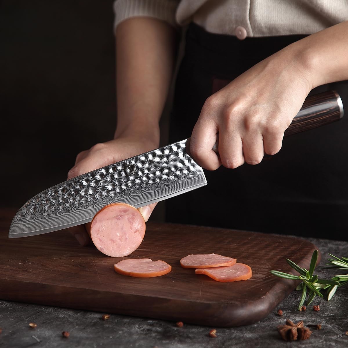XINZUO Damascus Steel Santoku Knife - 67-Layer Damascus Steel 17.6cm Santoku Chef Knife, Professional Kitchen Cooking Knife, Suitable for Cutting Meat, Vegetables, and Fruits - Ergonomic Pakka Wood