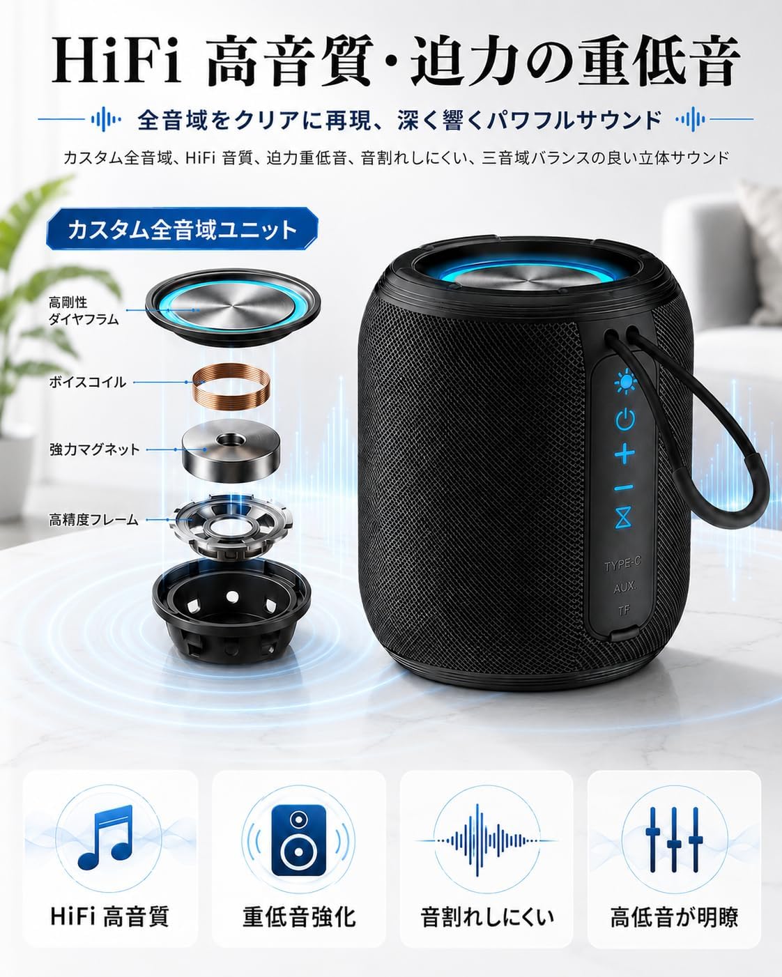 Bluetooth Speaker, Wireless Speaker, Portable Speaker, Bluetooth 5.3 Compatible, 2 Pairing, TF Card/AUX Compatible, Enhanced Bass, RGB Light, Type C Rechargeable, Music Player, Waterproof, Shockproof