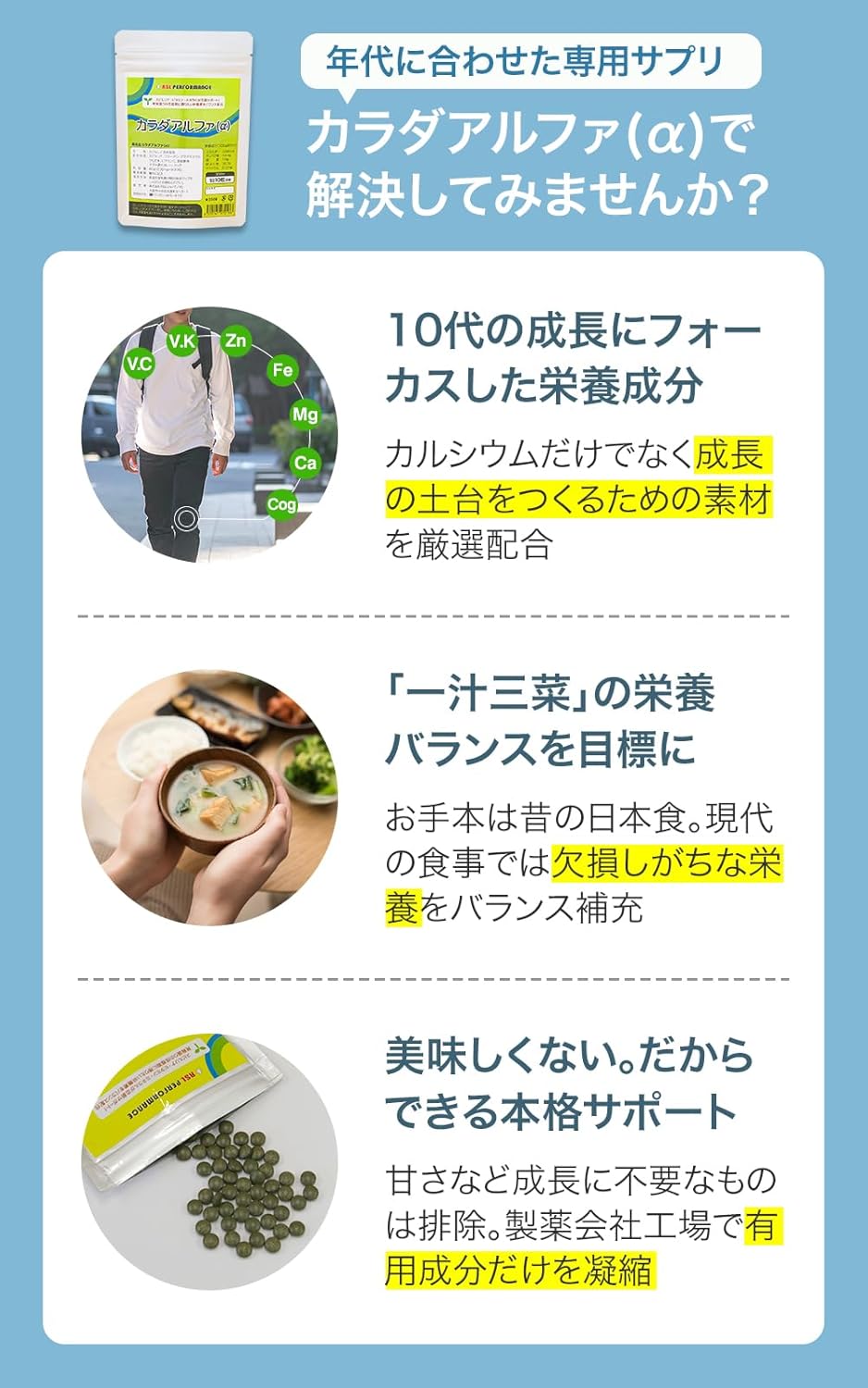 カラダアルファ(α) 成長期サプリ 10歳から16歳の子供に特化 天然由来ベース 高栄養サプリメント 15年以上の実績 日本製 約1ヶ月分