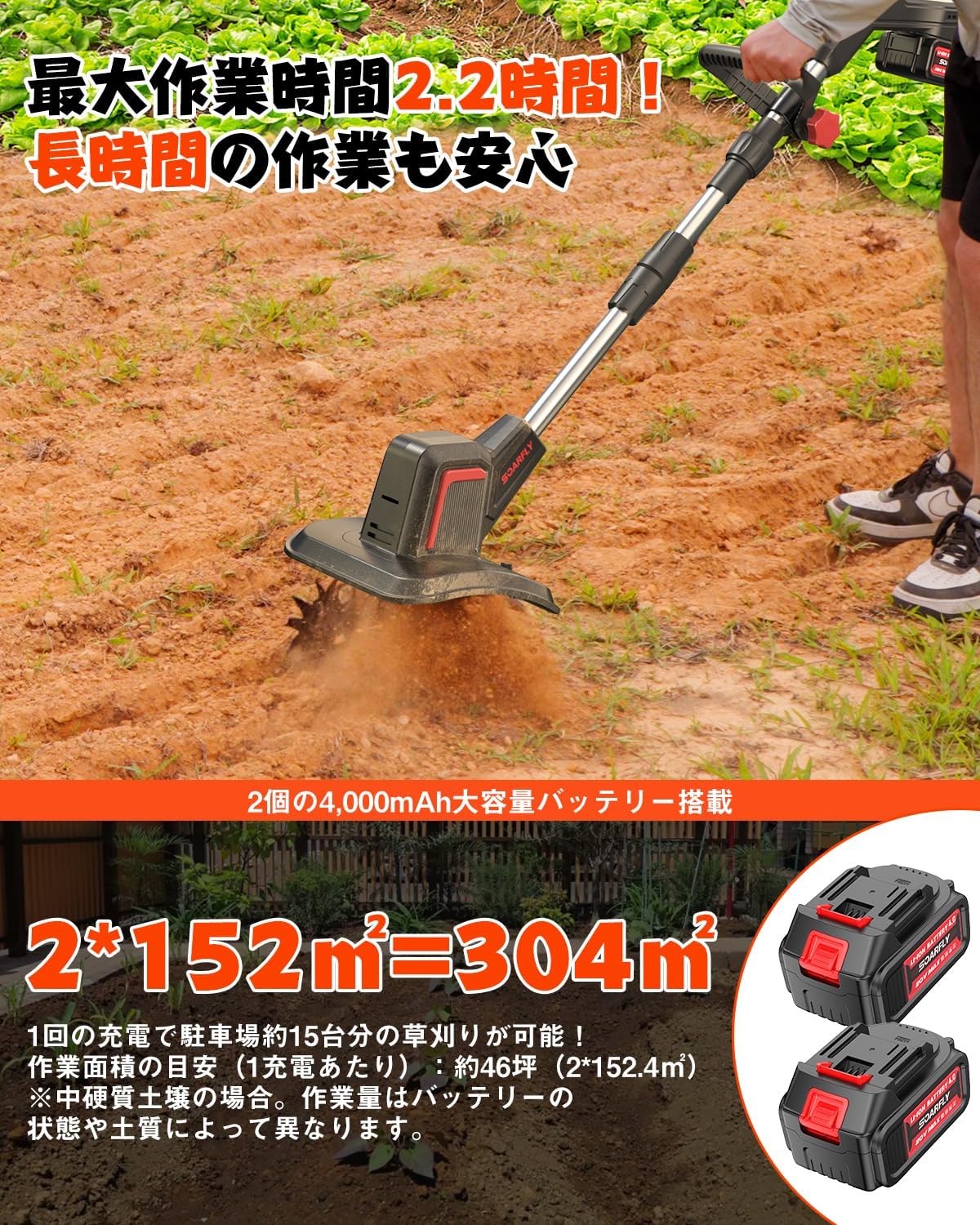 SOARFLY 2025 Innovative Powerful Electric Tiller, Lightweight, Easy Operation, High Performance, Cordless, Rechargeable Tiller, Stepless Speed Variation, 2 Batteries Included, Mini Tiller, High