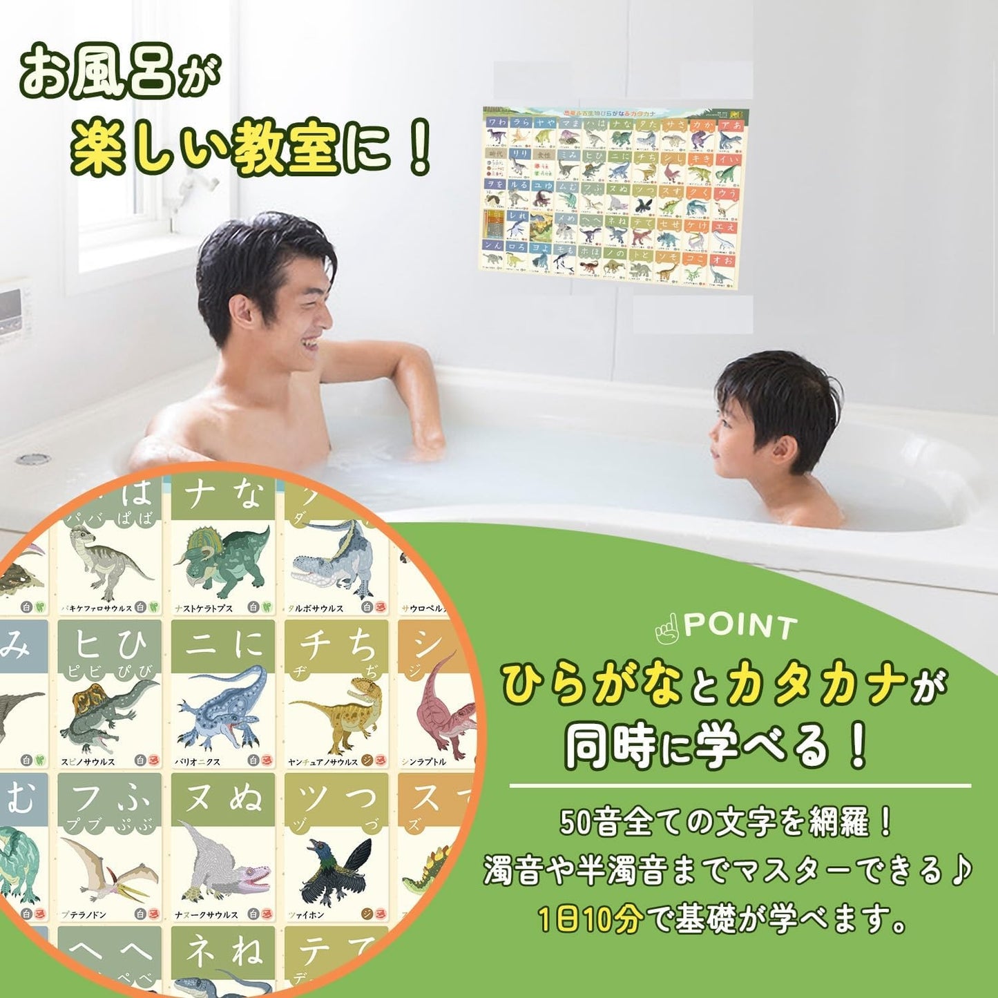 Bathroom Learning Poster: Hiragana, Katakana, ABC (⑥ Dinosaur Hiragana, Katakana (Medium 16.5×11.8 inches))