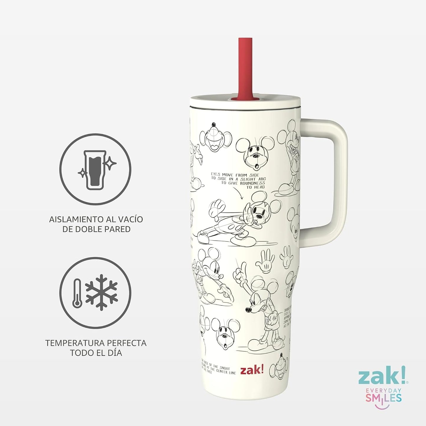 Zak Designs Disney Sutton Taza de viaje para llevar contigo, de 30 onzas, de acero inoxidable con aislamiento al vacío, con popote de silicona y asa para bebidas frías (dibujo de Mickey Mouse)
