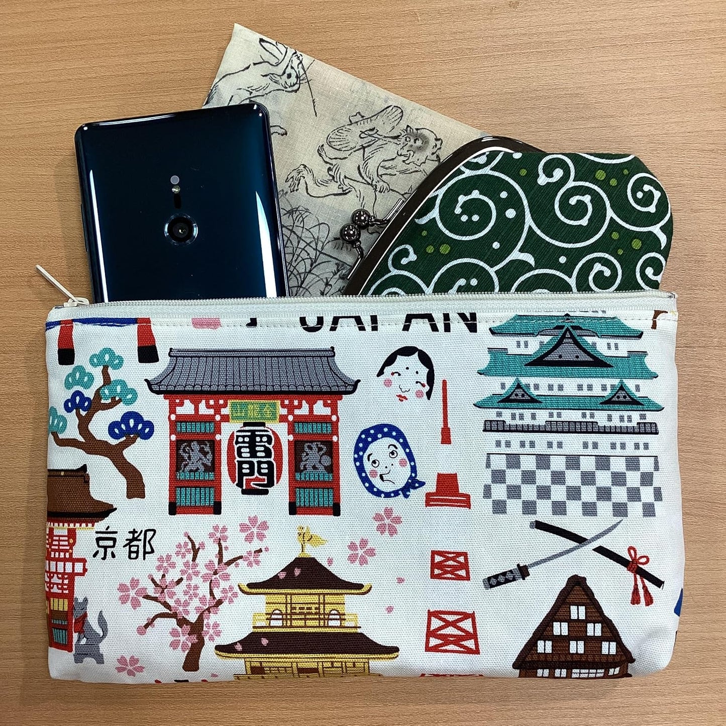Kyoyu Pouch, Hello Nippon, Tokyo, Kyoto, Mount Fuji, Kaminarimon, Kinkaku-ji, Castle, Made in Japan, Cotton