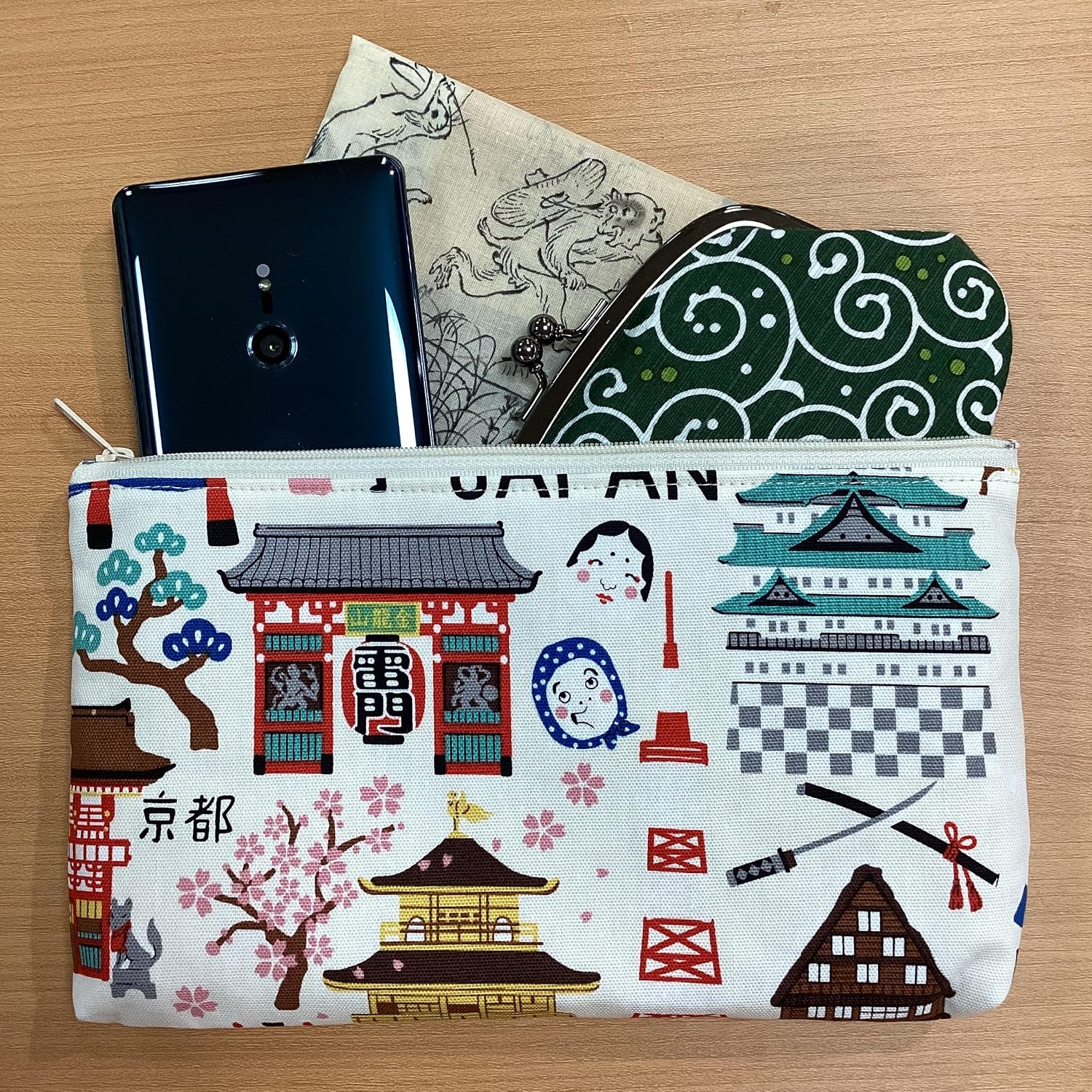 Kyoyu Pouch, Hello Nippon, Tokyo, Kyoto, Mount Fuji, Kaminarimon, Kinkaku-ji, Castle, Made in Japan, Cotton