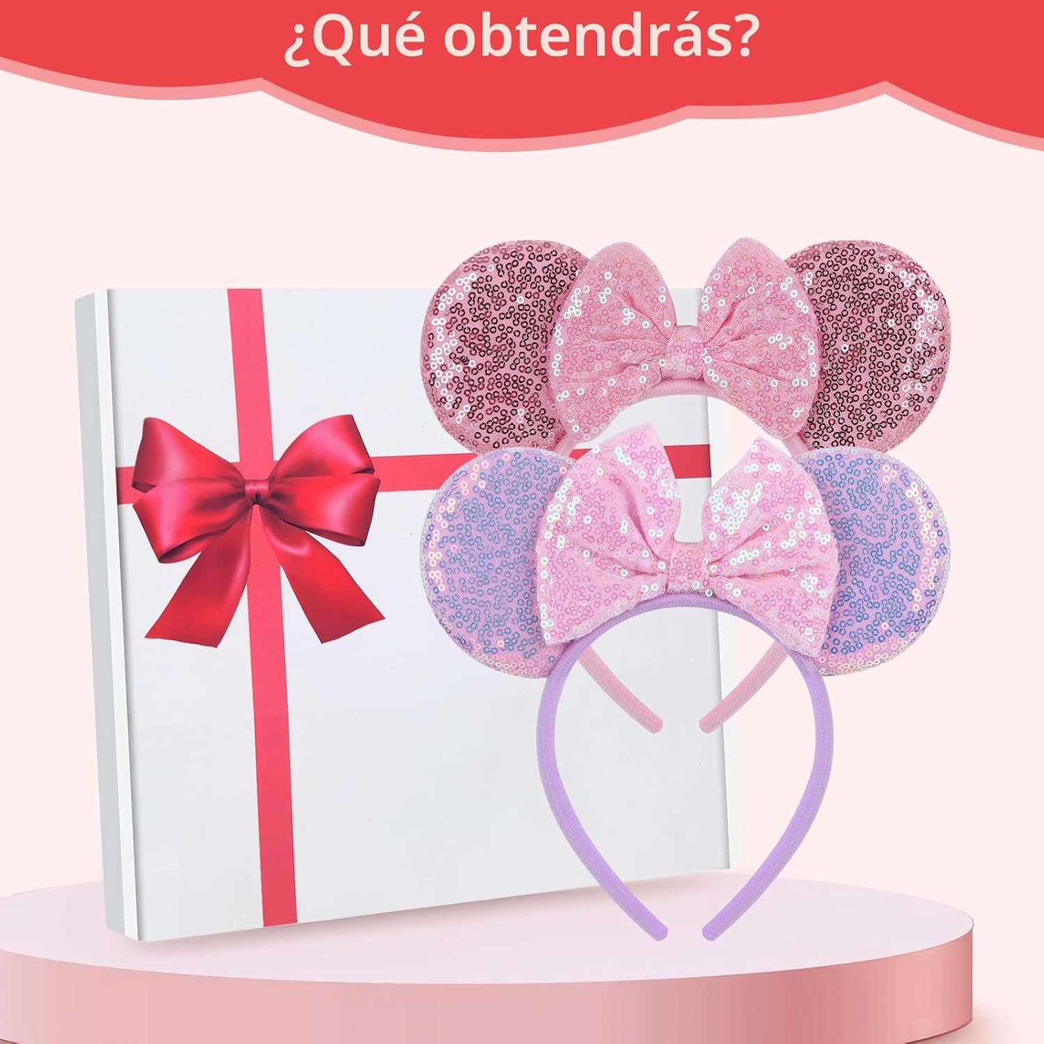 Paquete de 2 diademas de orejas de ratón rosa y morado para mujeres y niñas, diadema de lazo de lentejuelas para cosplay, disfraz de cumpleaños, decoración de fiesta de cumpleaños, accesorios para el cabello