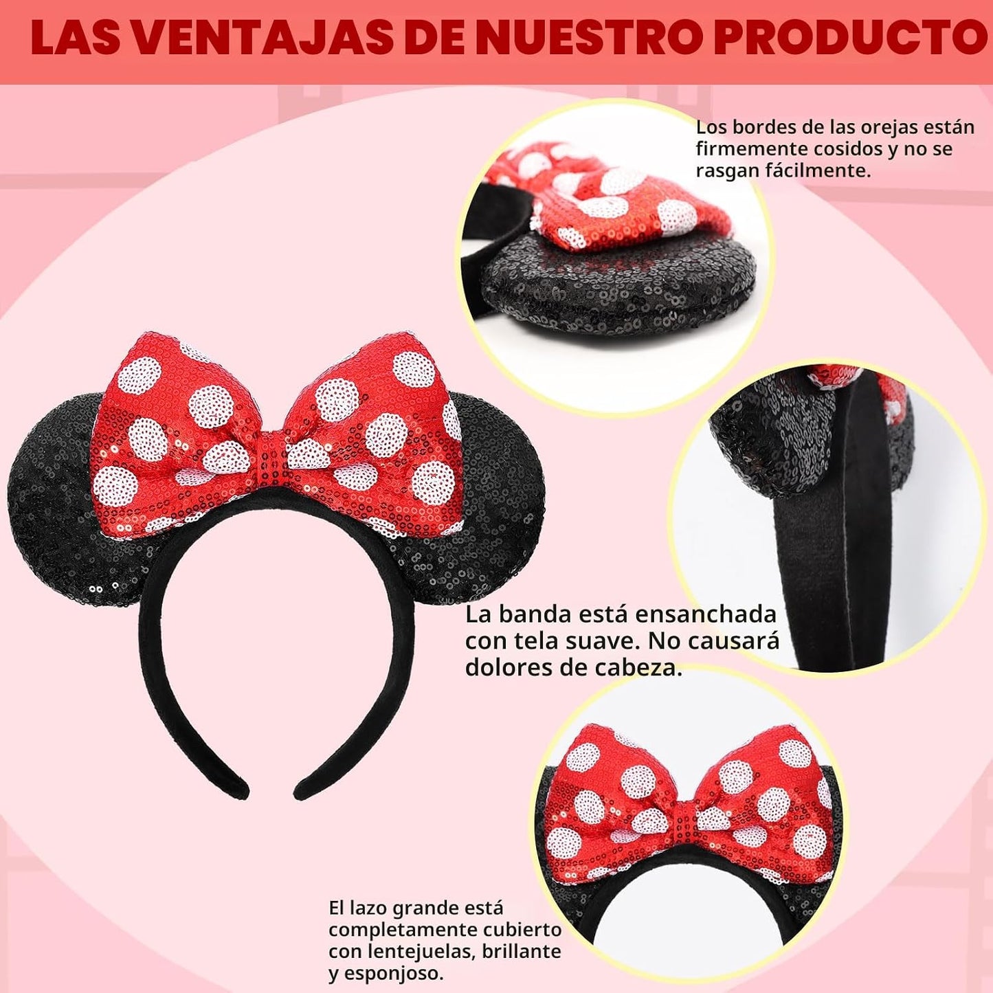 ETLUK - Diadema con orejas de ratón, diademas con orejas de ratón y lazo de lentejuelas para mujeres y niñas, accesorios de cosplay, decoración para fiestas (rojo)