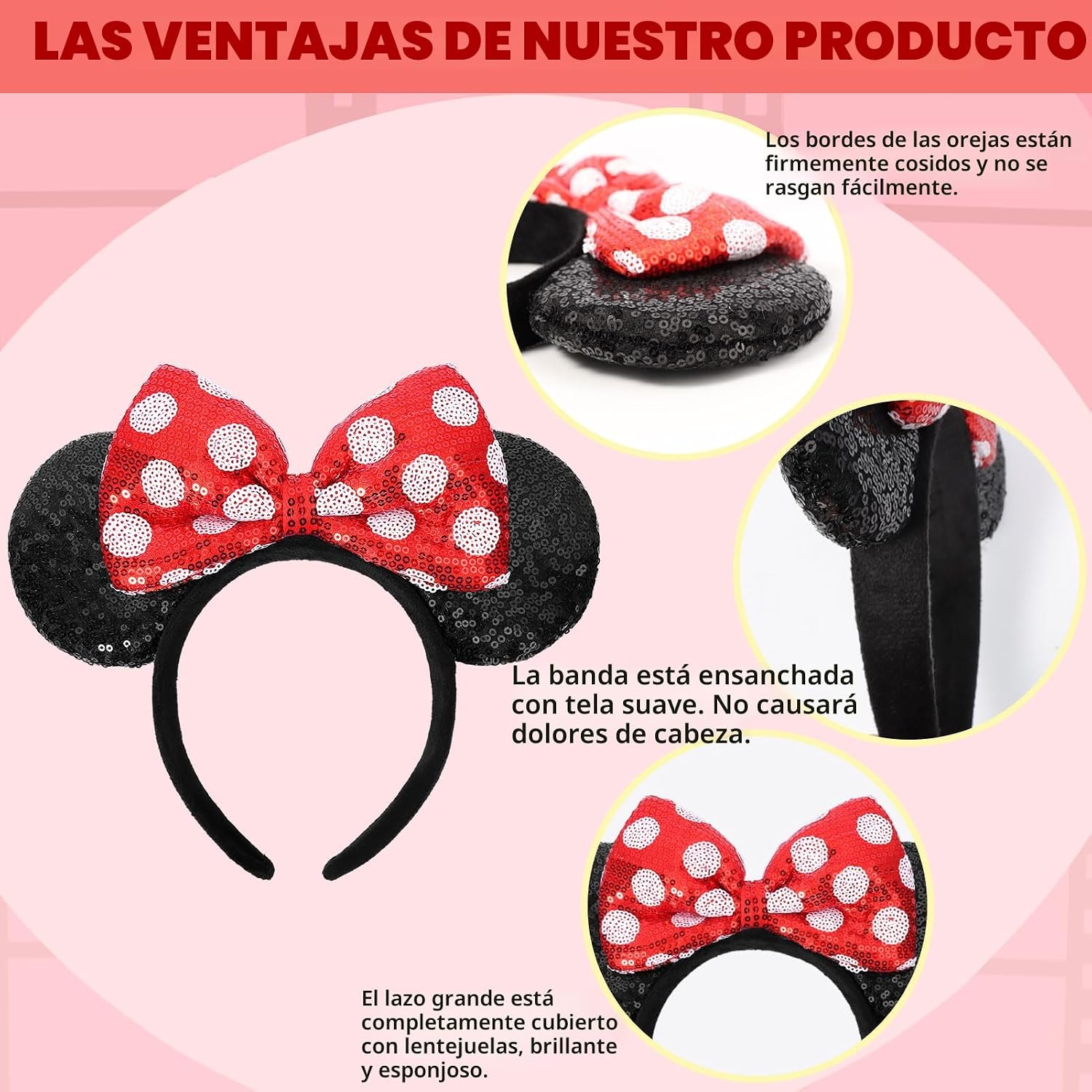 ETLUK - Diadema con orejas de ratón, diademas con orejas de ratón y lazo de lentejuelas para mujeres y niñas, accesorios de cosplay, decoración para fiestas (rojo)