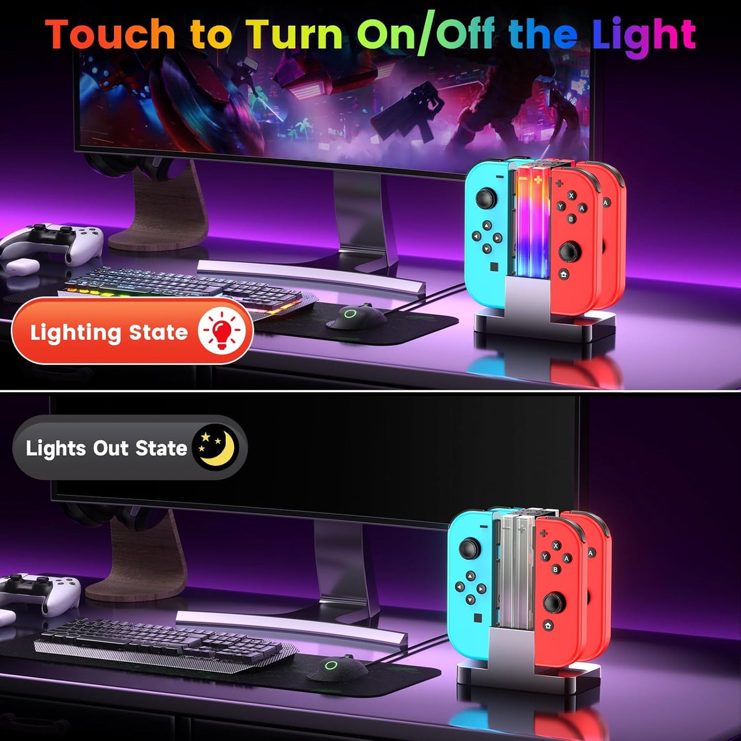 Switch & Switch 2024 New Model for Organic EL Joy-Con Charging Stand, RGB Light, 6 Modes Switching, Timing Function, Overcharge Prevention, USB-C Cable Included