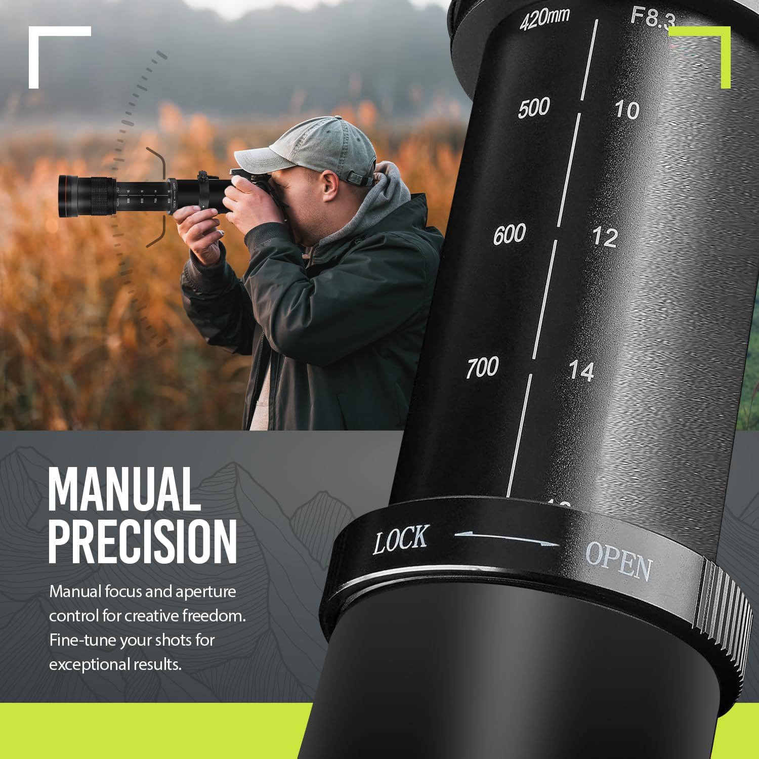High Power 420-1600mm f/8.3 Manual Telephoto Zoom Lens for Canon EOS R EOS R3 EOS R5 EOS R6 EOS R6 II EOS R7 EOS R8 EOS R10 EOS R50 EOS R100 EOS RP Mirrorless Cameras