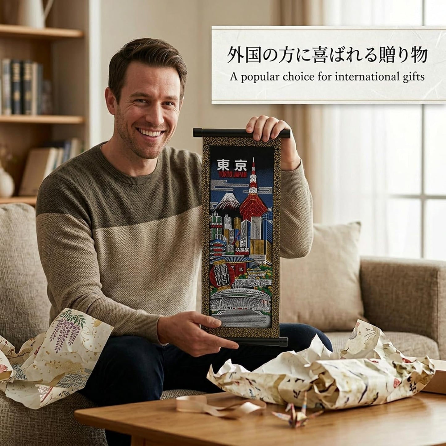 Japanese Souvenir Wall Scroll Tokyo Bean (Height 16.1 x Width 7.1 inches (41 x 18 cm), Made in Japan, Pennant Material, Lightweight and Compact
