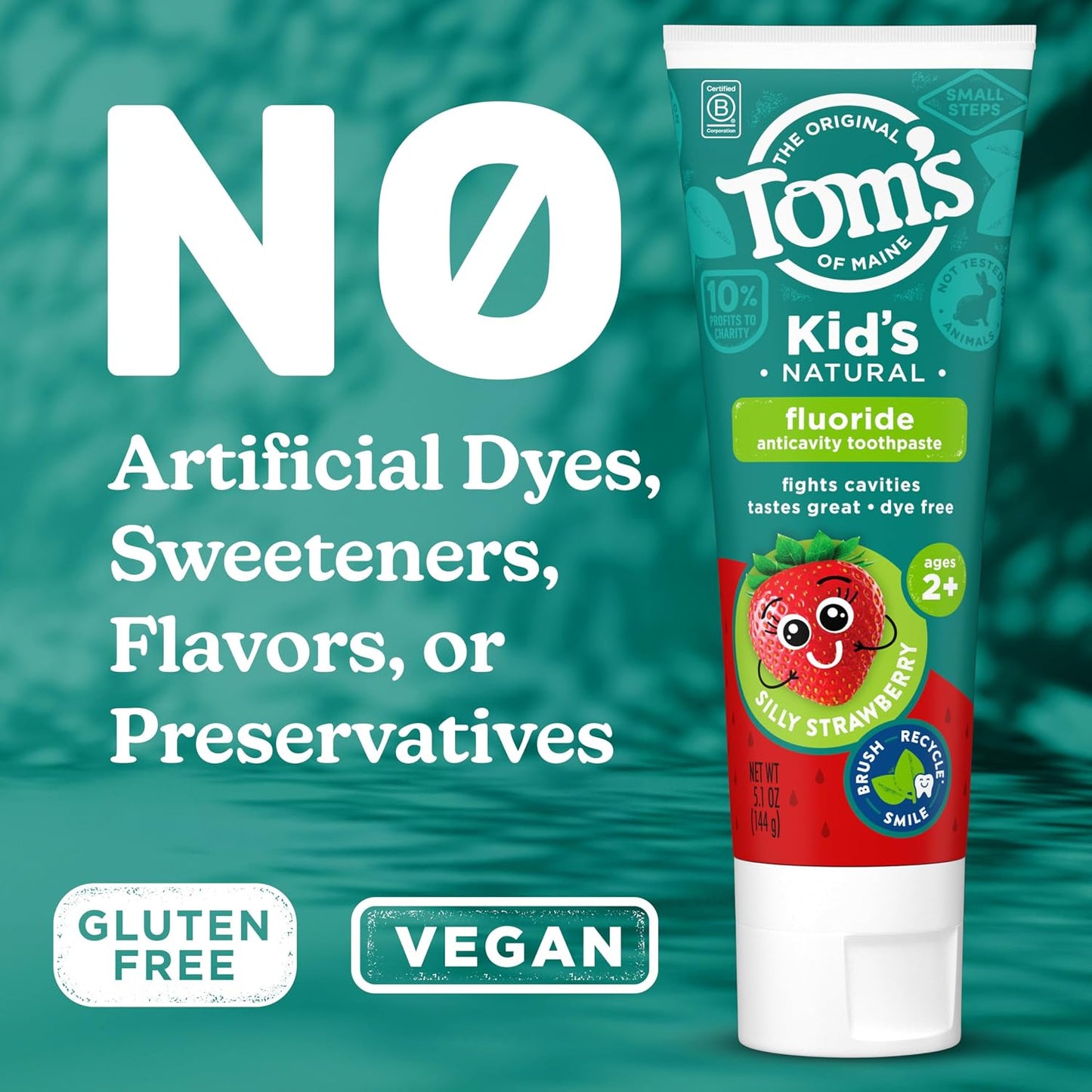 Tom's of Maine Pasta dental con flúor aprobada por la ADA, pasta de dientes natural, sin tintes, sin conservantes artificiales, fresa tonta, 5.1 onzas, paquete de 3 (el embalaje puede variar)