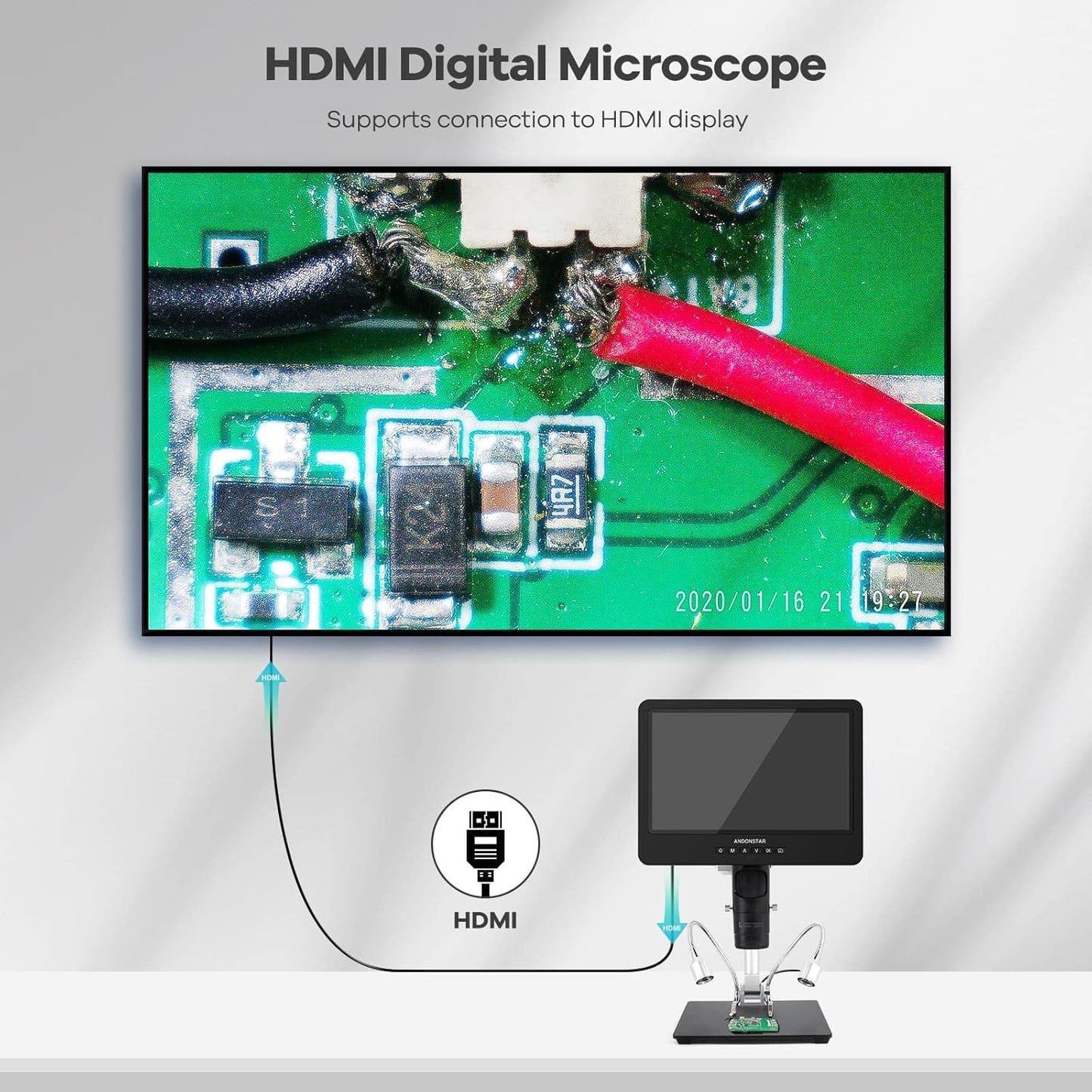 Andonstar AD249S HDMI Digital Microscope with 10.1" Screen, Soldering Microscope with Metal Stand, 2000X 3 Lens Coin Microscope Kit for Kids and Adults, Photo/Video Recording, Windows Compatible
