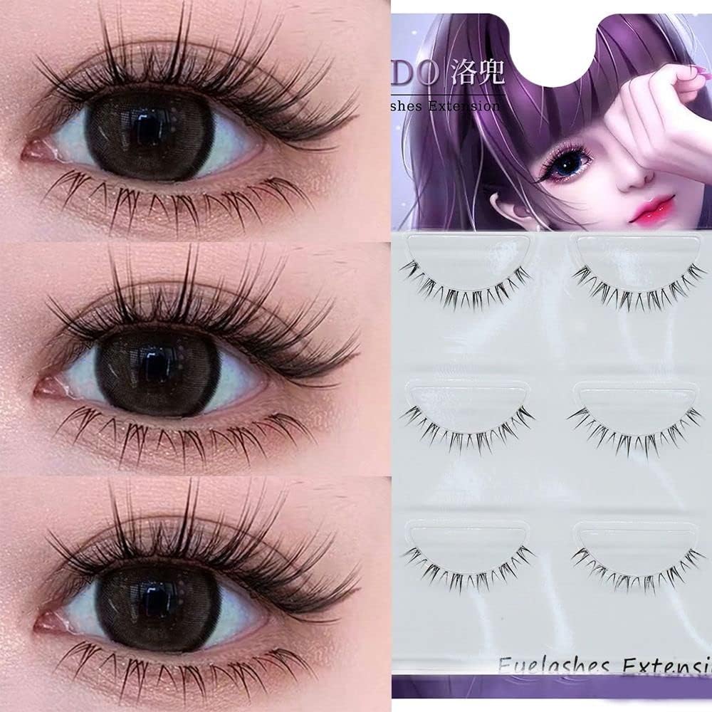 3 Pairs Tie Lower Eyelashes Transparent Stem Natural Cartoon Eyelashes Handmade Eye Makeup Tool