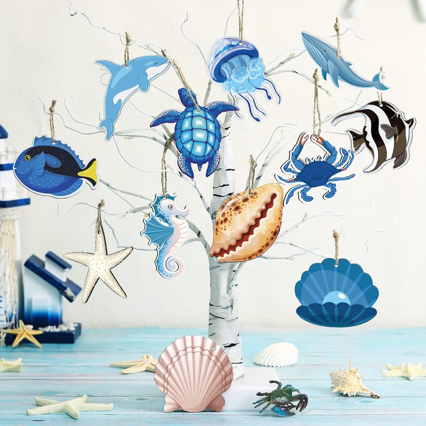 24 adornos de verano para árbol de madera, océano, playa, árbol, decoración costera náutica de madera, recortes colgantes de playa, animales marinos, decoración con cuerda para suministros de fiesta de verano