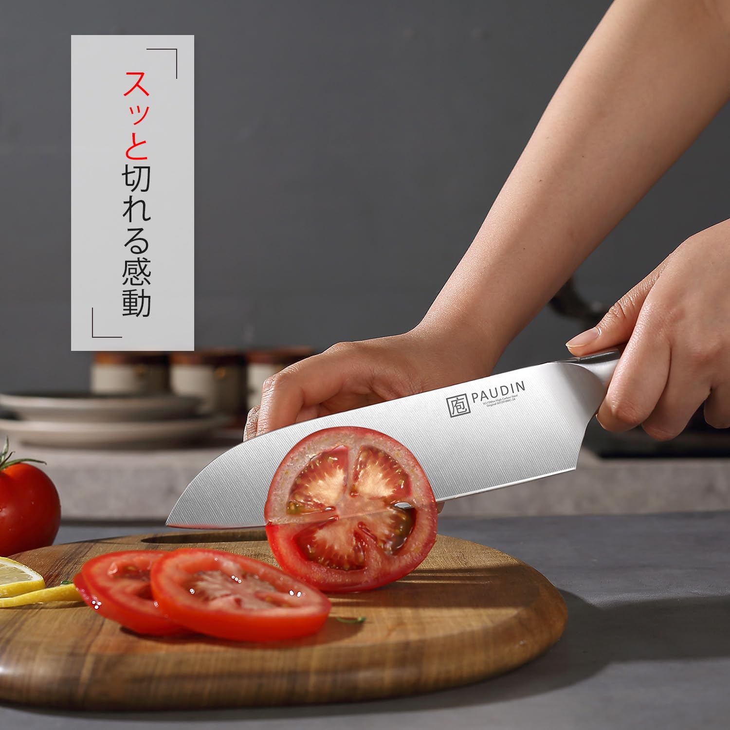 PAUDIN Santoku Knife, 6.9 inches (175 mm), 5Cr15Mov Stainless Steel, Natural Wood Handle, Easy to Cut, All-purpose Knife, Double-edged, Left Handed, Long Sharpness, For Meat, Fish, Vegetable Knife