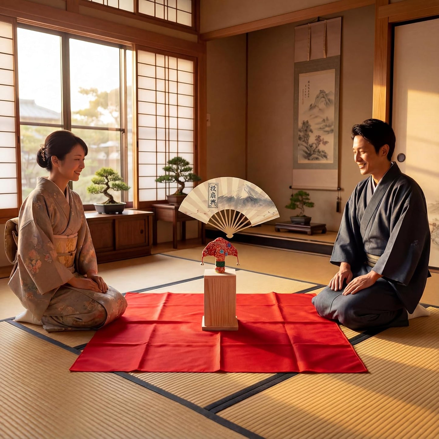 Throwing Fan Set, Authentic Set, Elegant Japanese Play, 100% Made-To-Order, Artisan Craftsmen, Includes Pine Pillow, 5 Hand Writing Fans, Butterfly, Rug, Wooden Box, Traditional Craft, Seat Play