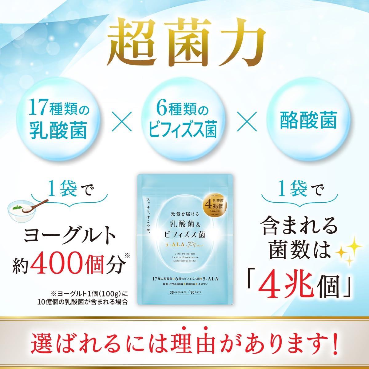 Energizing Lactic Acid Bacteria & Bifidobacteria, 17 Types, 6 Types, Bifidobacteria, 4 Trillion Bacteria, Lactic Acid Bacteria, 5-ALA, Inulin, Nutukinase, Oligosaccharide, 30-Day Supply (Single Item)
