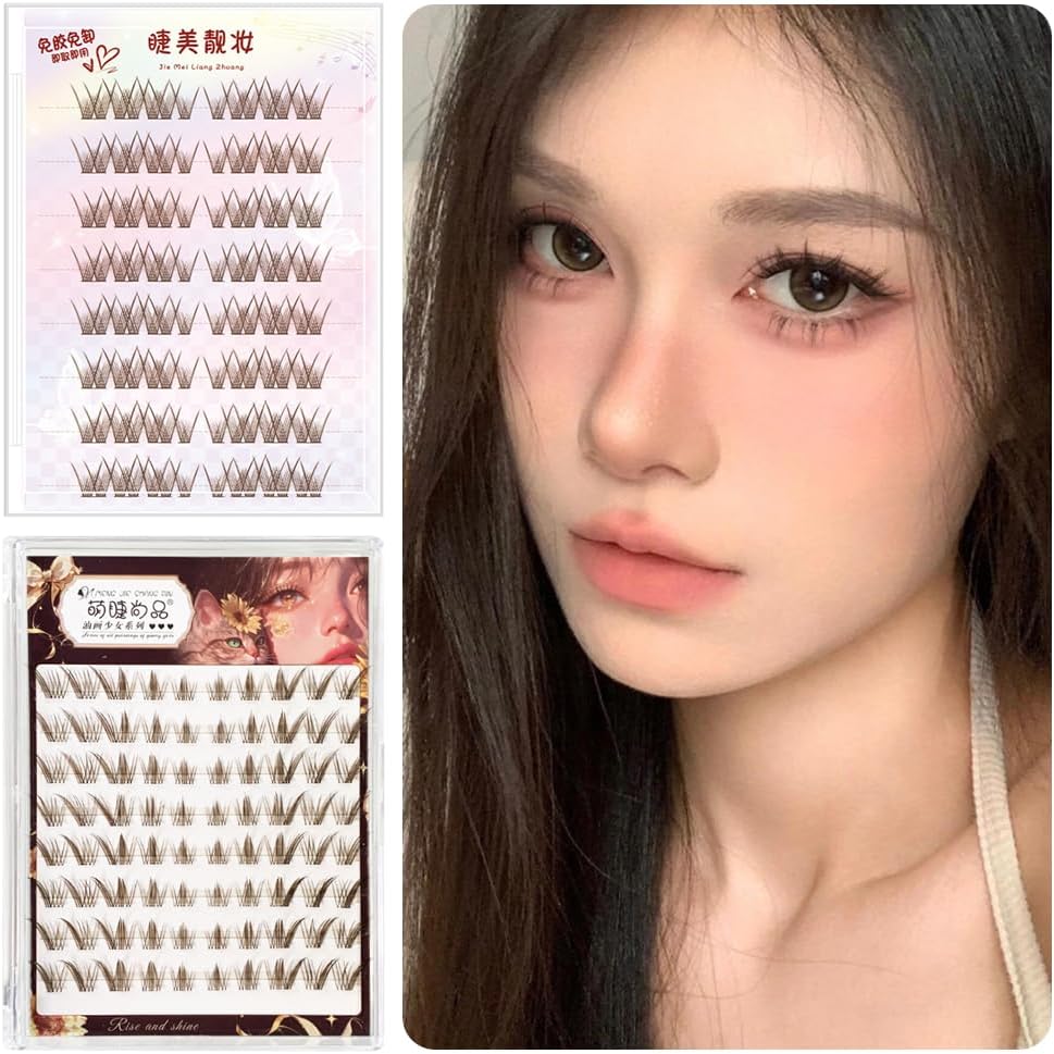 Brown No Glue Fox Eye Effect Fluffy Eyelashes Self Adhesive Reusable Thick Wings Extension Daily Use 9-13mm (Style 2)