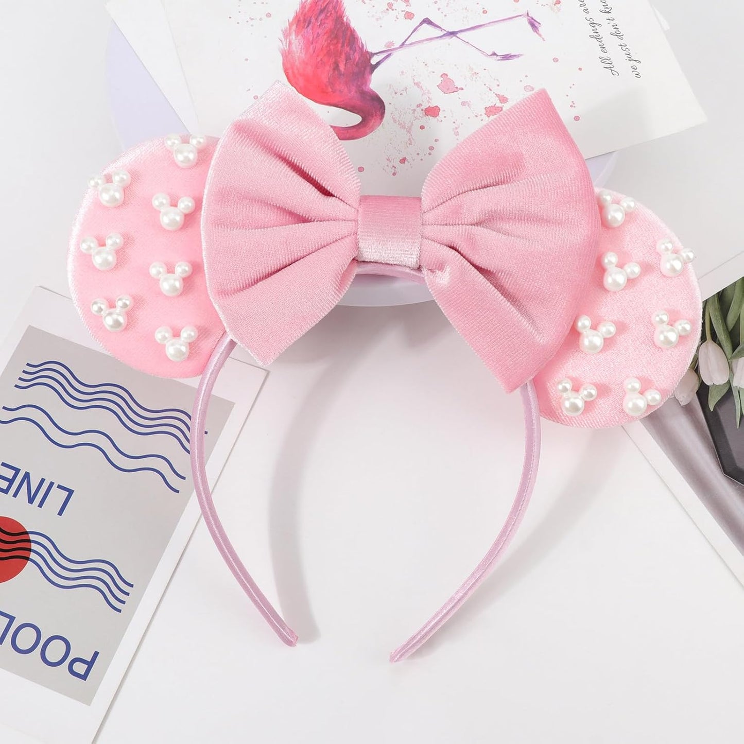 DRESHOW - Diademas con orejas de ratón para mujeres, cintas de pelo de perlas, lazos para la cabeza, cintas de terciopelo, disfraz de cosplay de Navidad, disfraz de princesa, decoración para fiestas