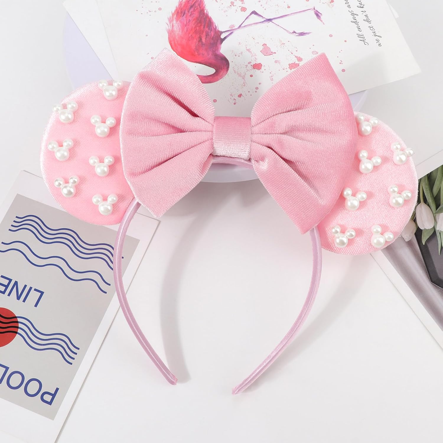DRESHOW - Diademas con orejas de ratón para mujeres, cintas de pelo de perlas, lazos para la cabeza, cintas de terciopelo, disfraz de cosplay de Navidad, disfraz de princesa, decoración para fiestas