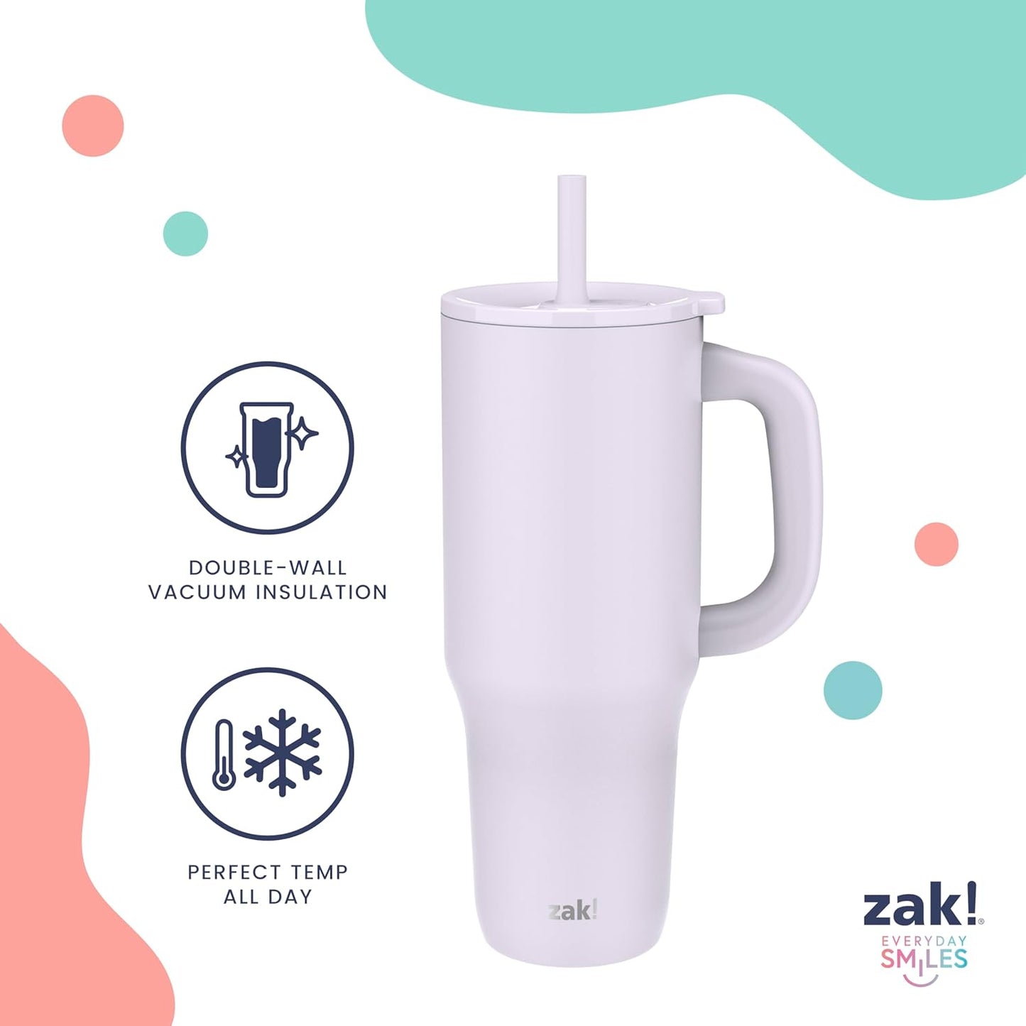 Zak Designs Disney Sutton - Vaso de viaje para llevar o en casa, acero inoxidable de 40 onzas con aislamiento al vacío, popote de silicona, asa de transporte y obras de arte 3D para bebidas frías (Minnie Mouse)