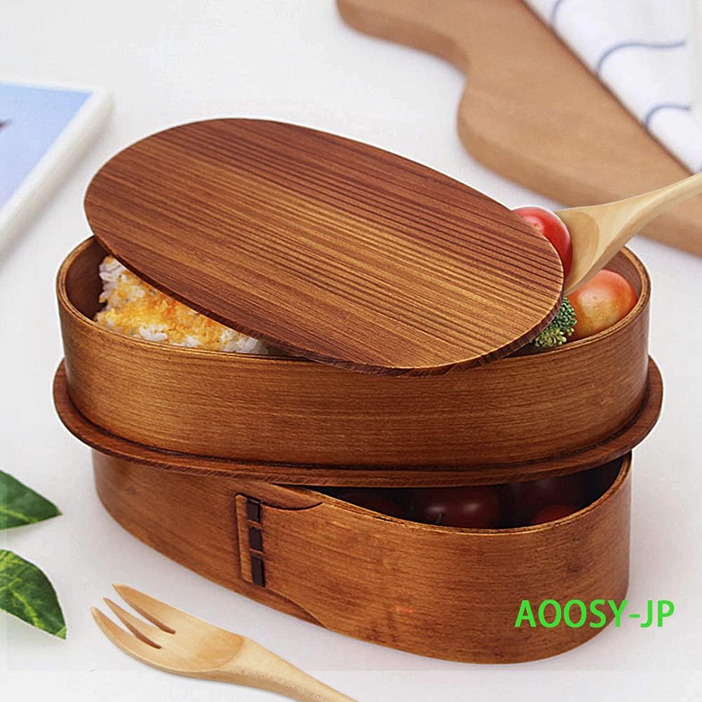 AOOSY Bento Box 1000ml Small 2-Tier Natural Lacquered Magewappa Lunch Box Lightweight Bento Box with Wooden Spoon and Fork for Commuting, School, Handmade Large Capacity Bento Box for Boys, Girls