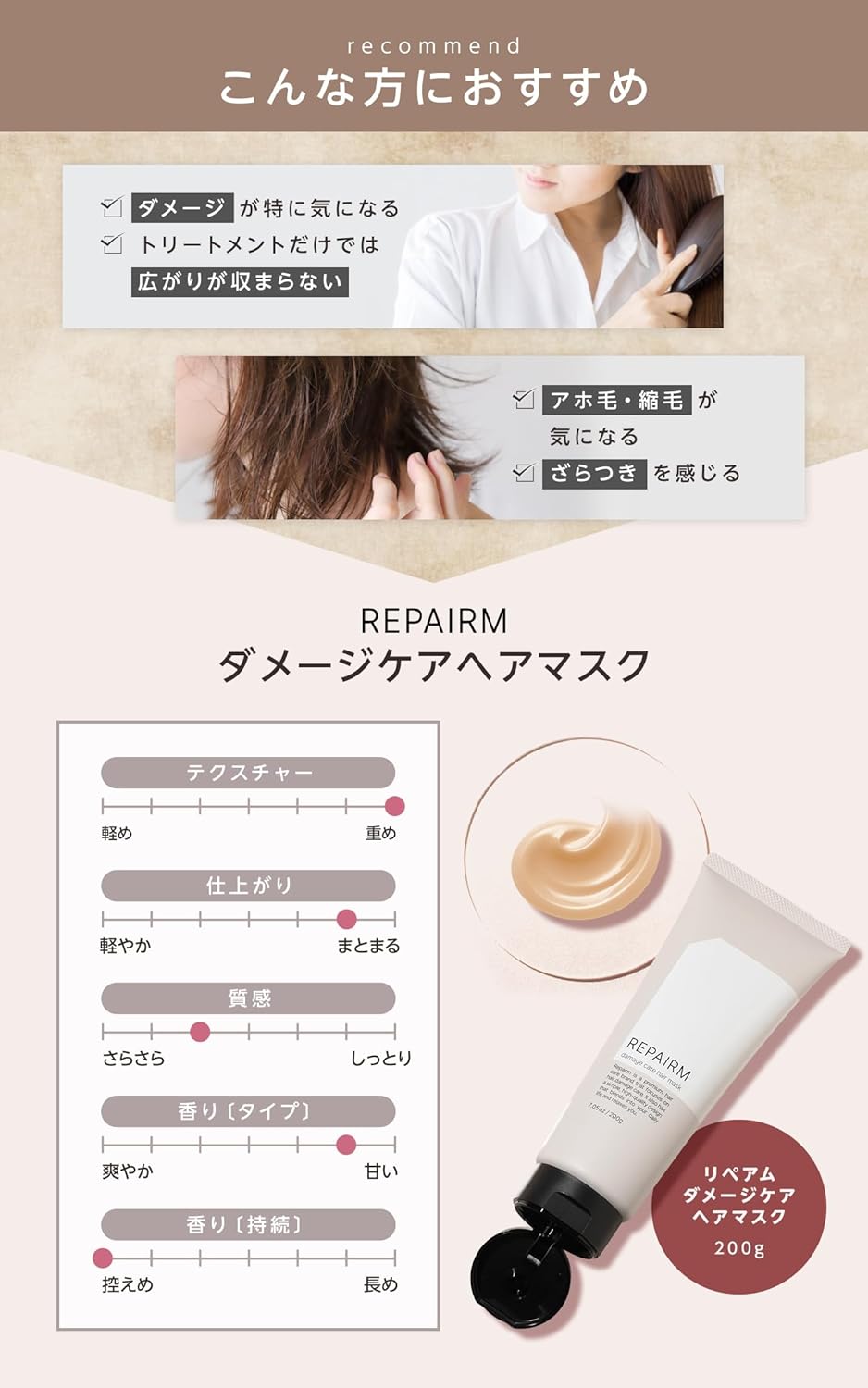 REPAIRM Hair Mask, Concentrated Repair for Damage, 2x Repair Ingredients x 29 Types of Proteins x Toss Stair, For Hair Bundled With Extensive Care, 7.1 oz (200 g)