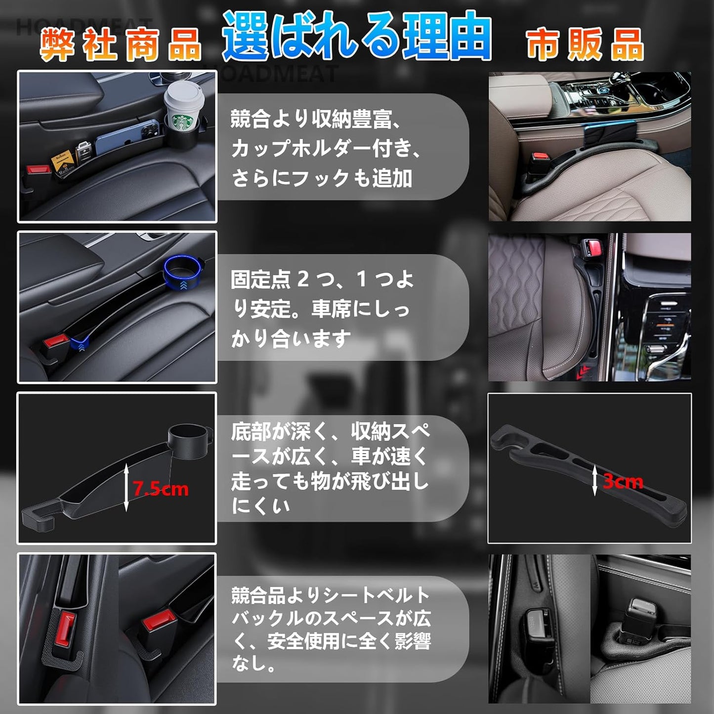 (2025 Improved Model Land Cruiser Gap Cushion) Drop Prevention, Ratio, Maximum Storage Depth 3.0 inches (7.5 cm) + Cup Holder (2nd Fixing Point) + Extra Hook + Charging Line Insert Hole For Land