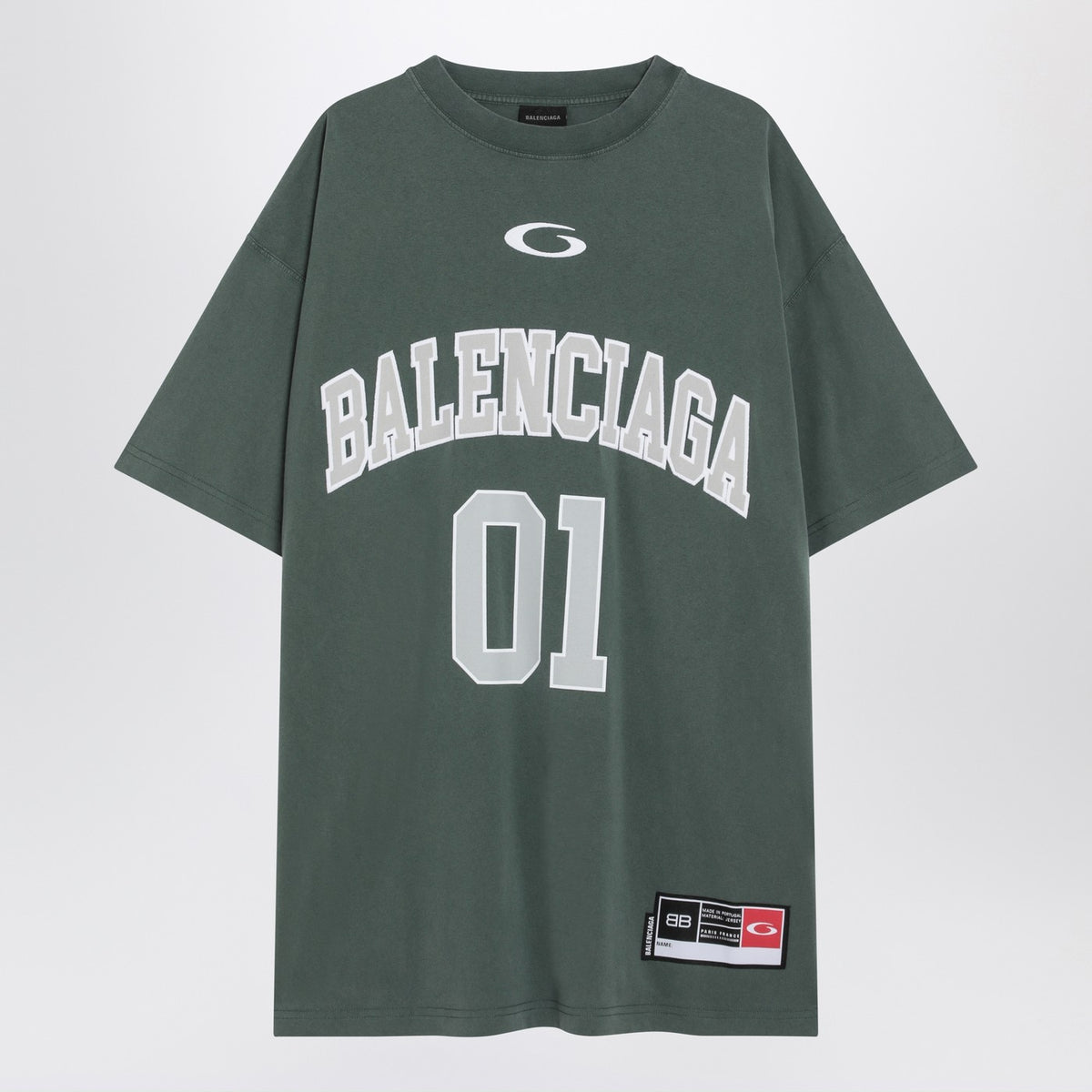 Balenciaga バレンシアガダークグリーン/ライトグレーの特大のバスケットボールTシャツ - Image 4